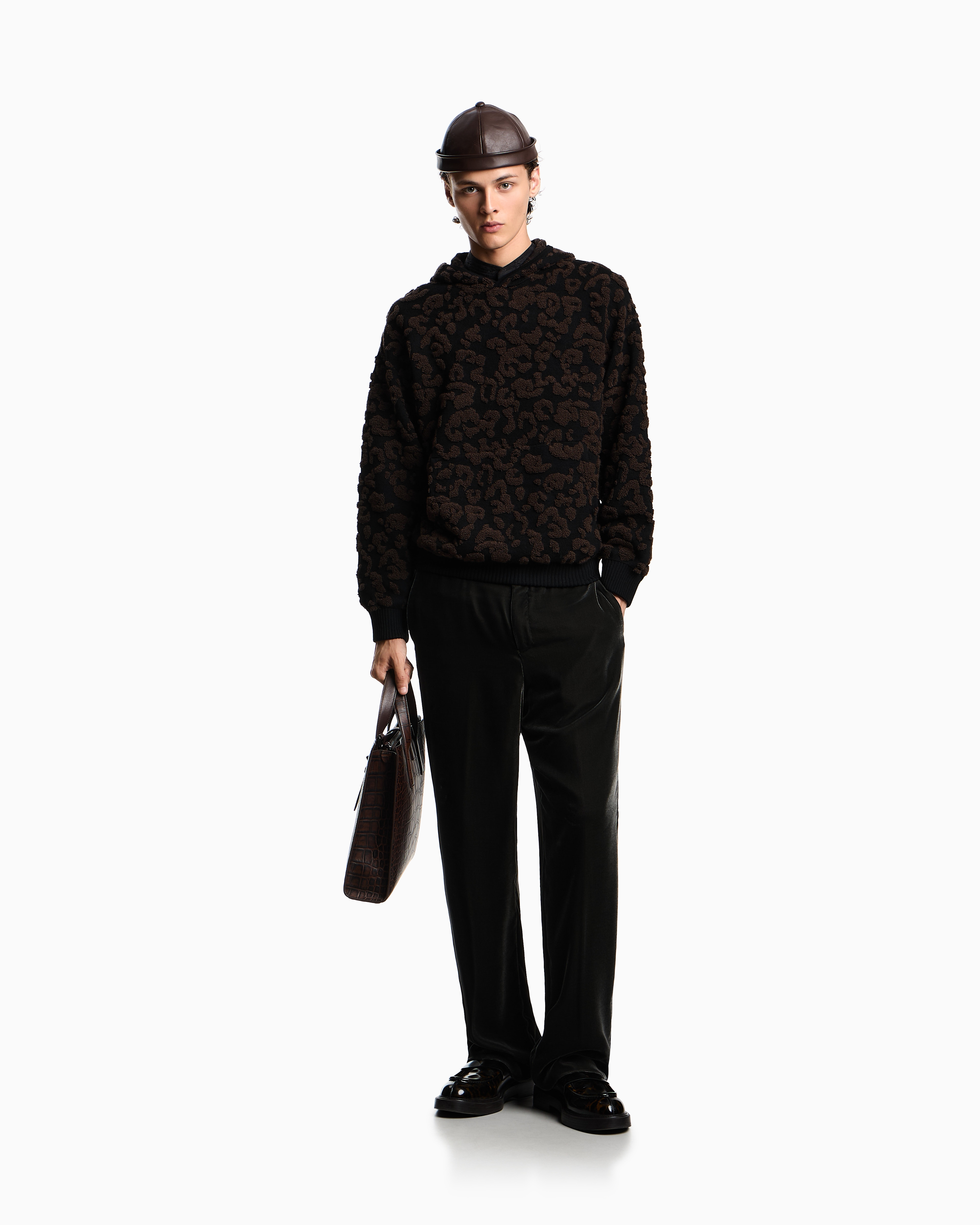 Emporio Armani Leopard Jacquard Virgin Wool Hooded Jumper In Black
