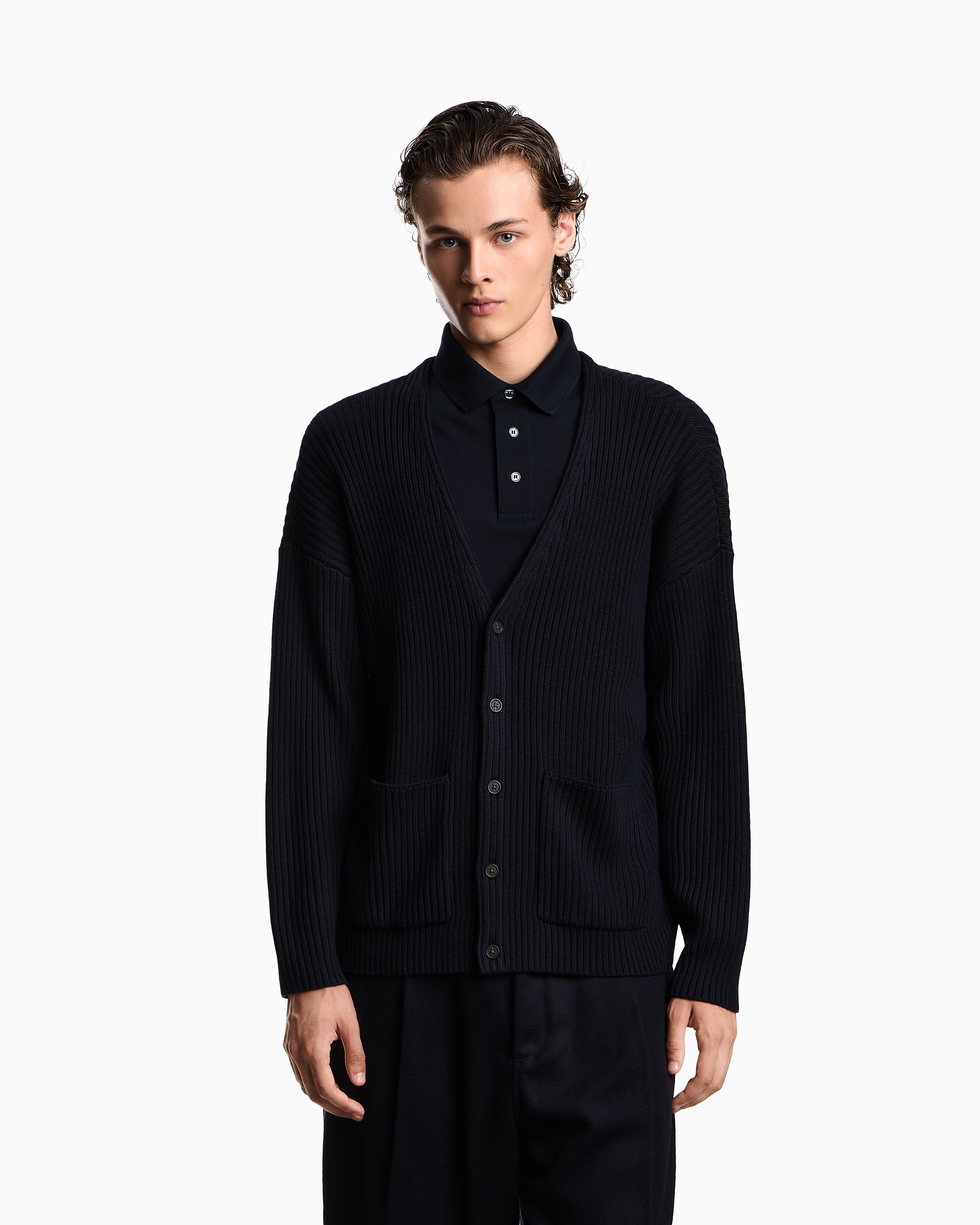 Ribbed wool-blend V-neck cardigan | Emporio Armani