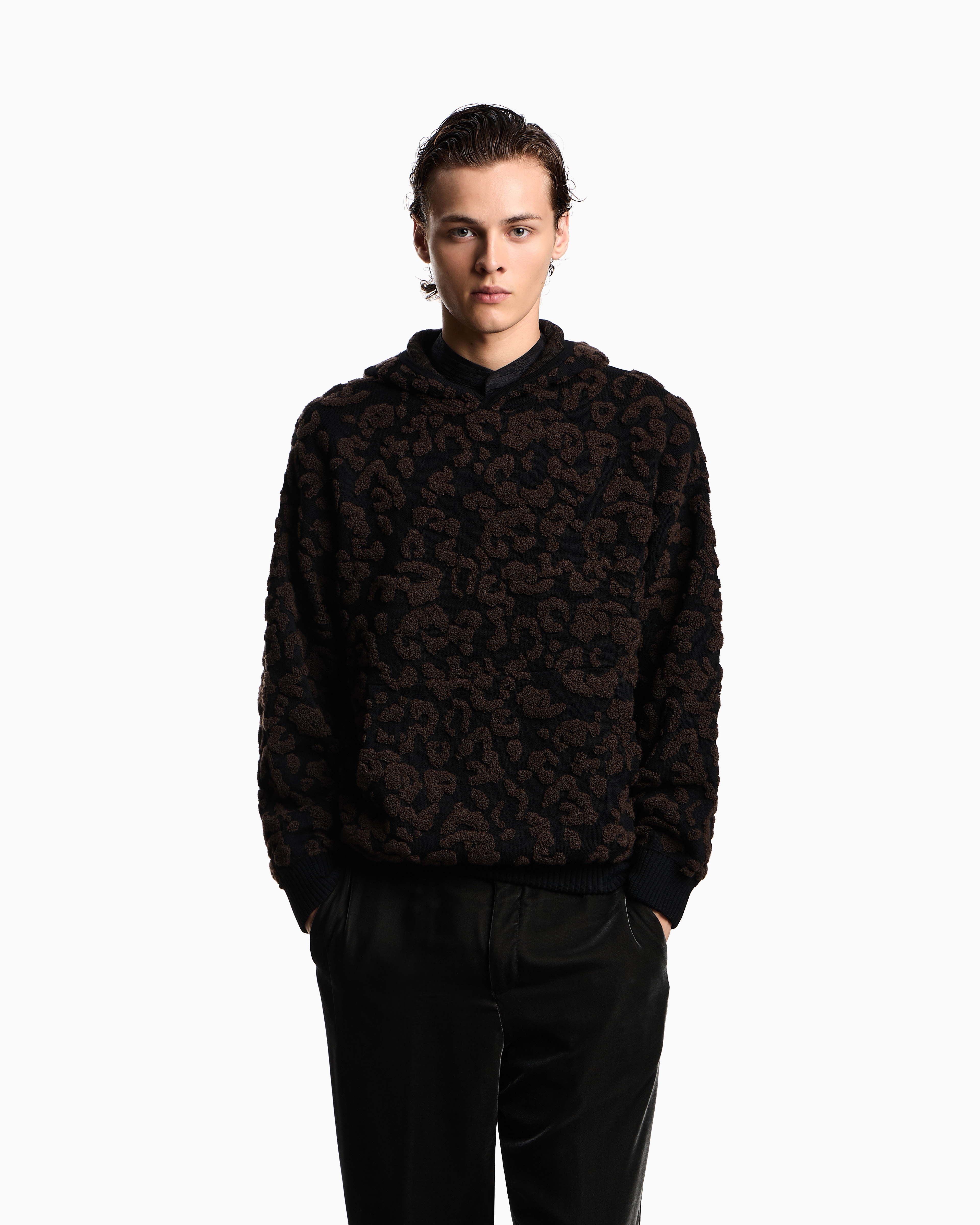 Emporio Armani Leopard Jacquard Virgin Wool Hooded Jumper In Black
