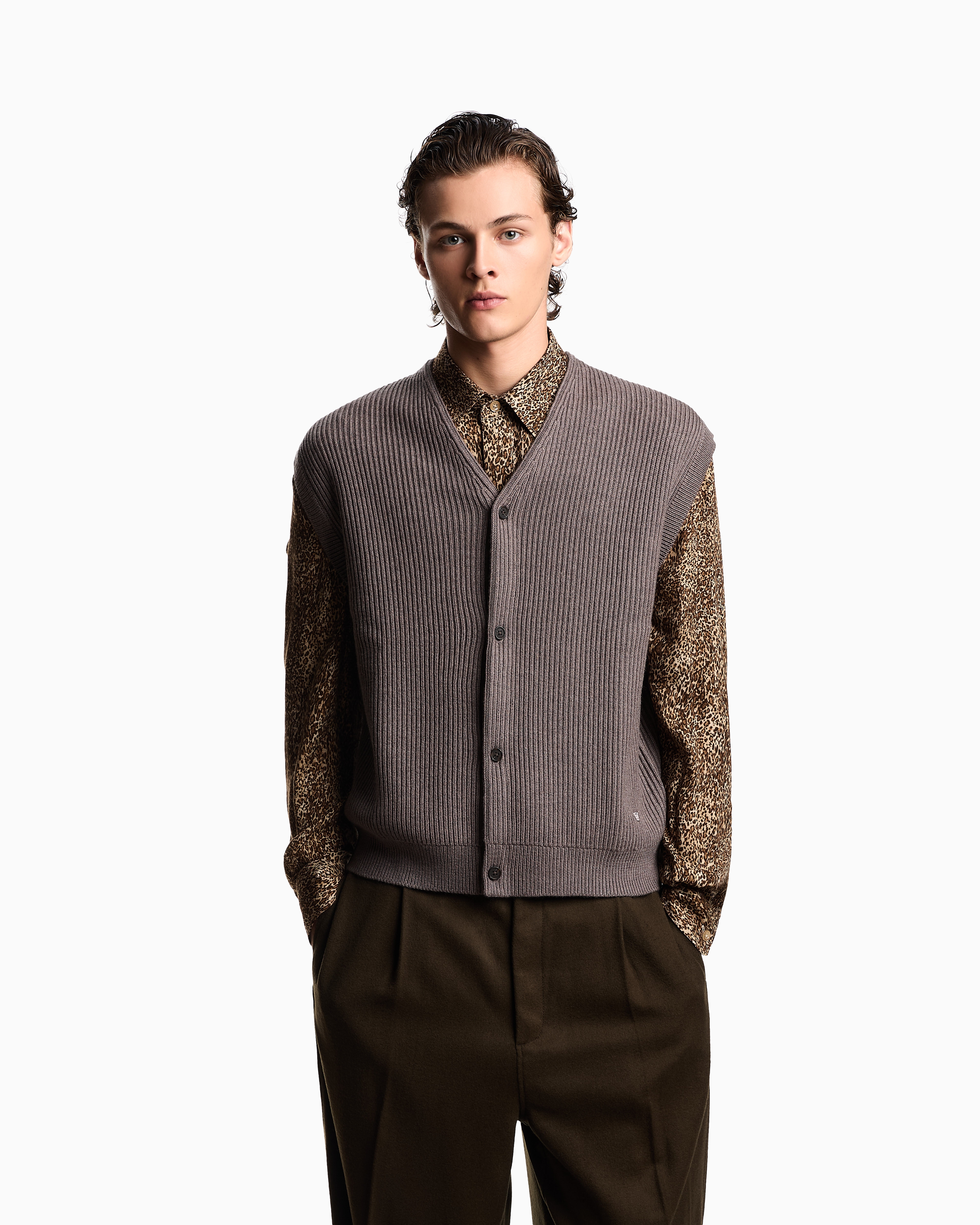 Emporio Armani - Ribbed wool-blend waistcoat with buttons, Man, Brown, Size: