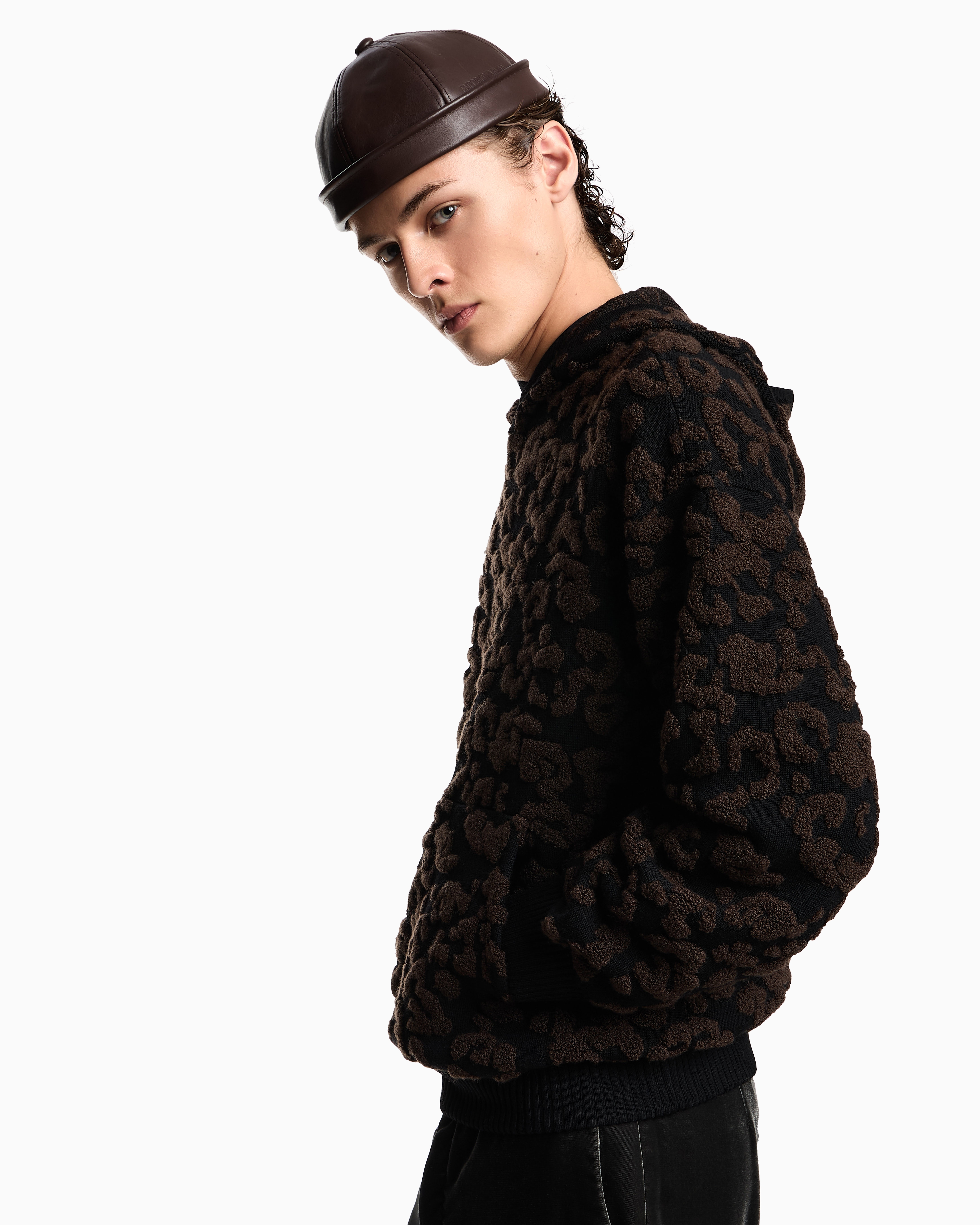 Emporio Armani Leopard Jacquard Virgin Wool Hooded Jumper In Black