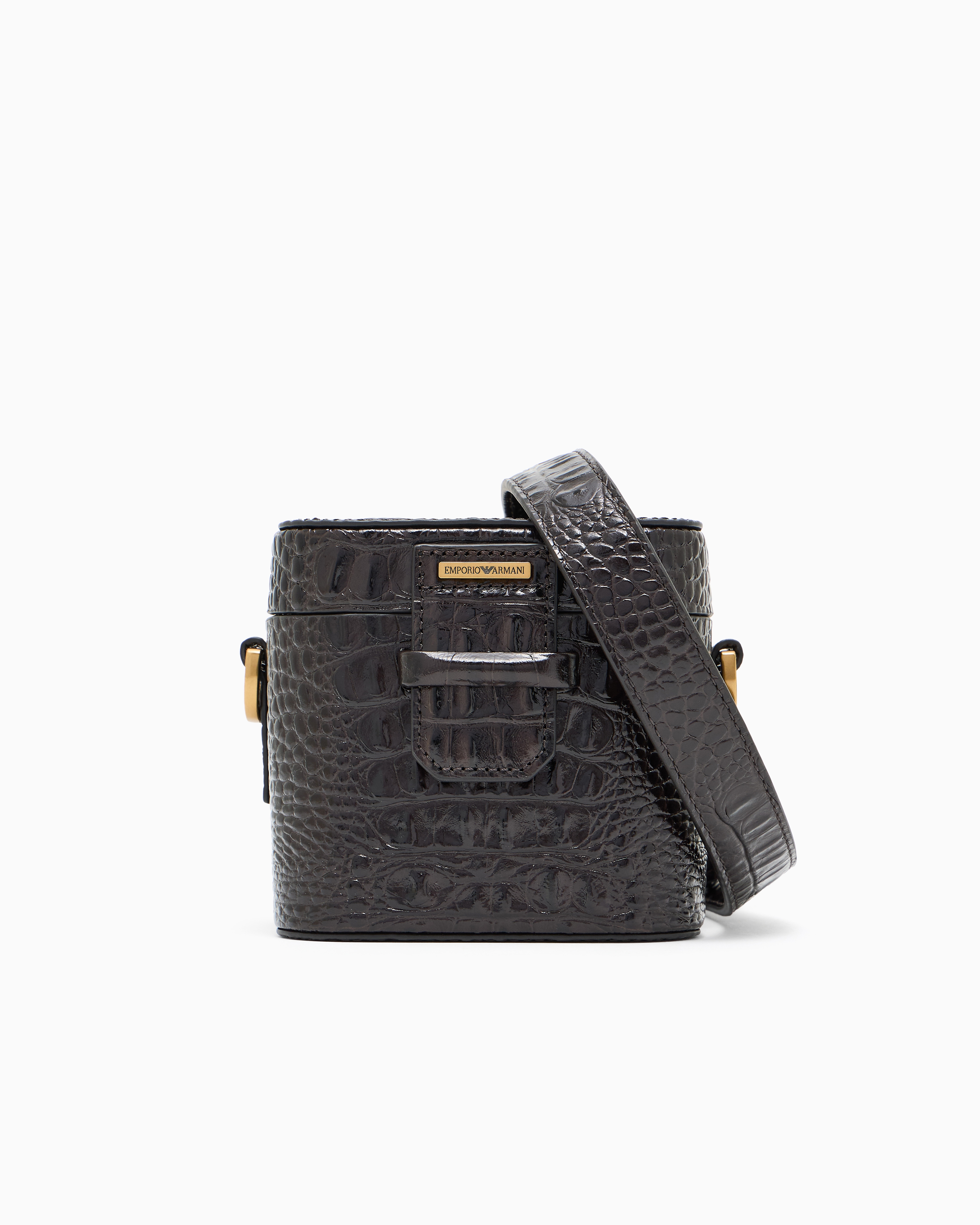 Emporio Armani - Cross-body bucket bag in crocodile-embossed leather, Man, Grey, Size: TU