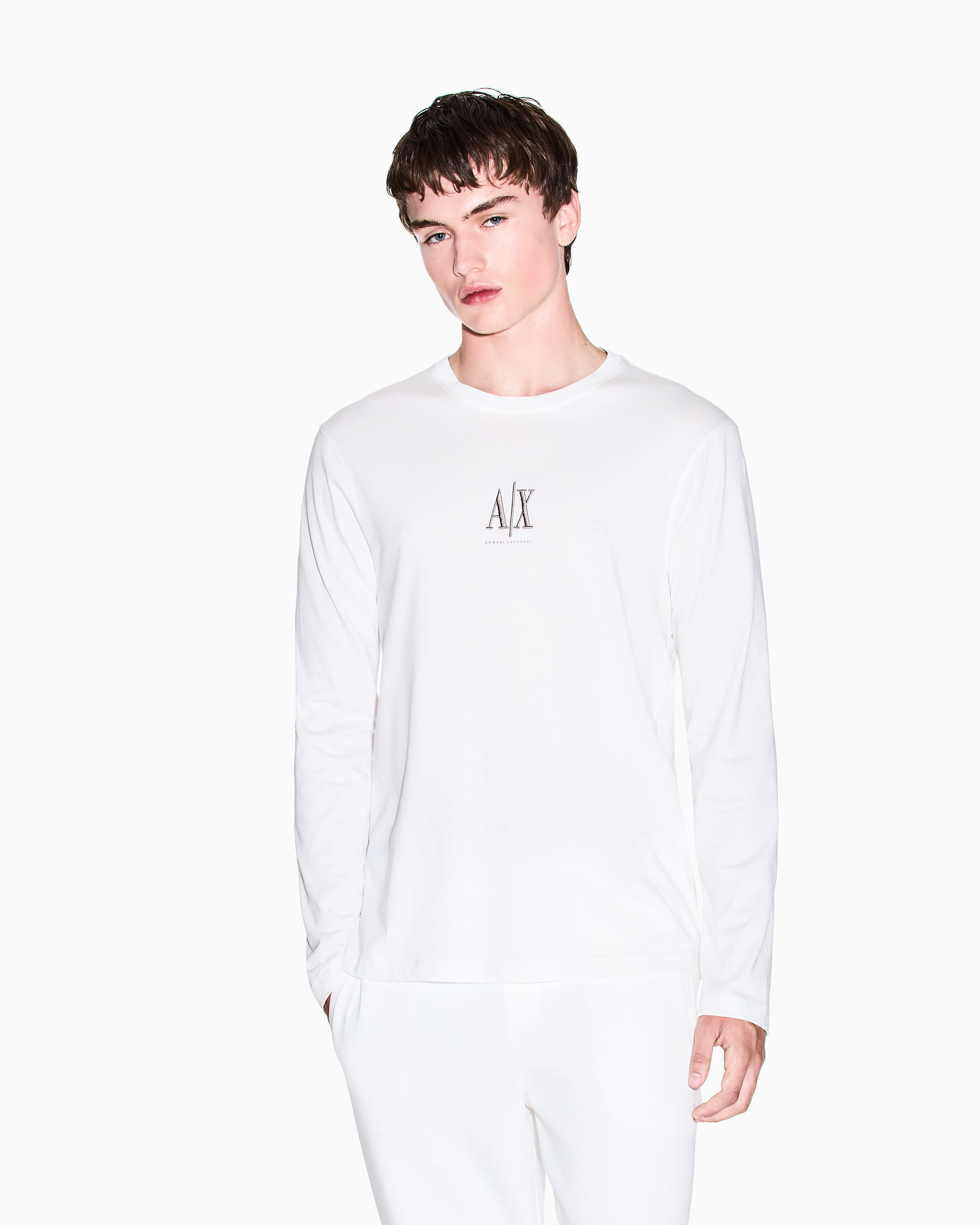 Armani Exchange - Long-sleeved T-shirt with embroidered logo, Man, White, Size: