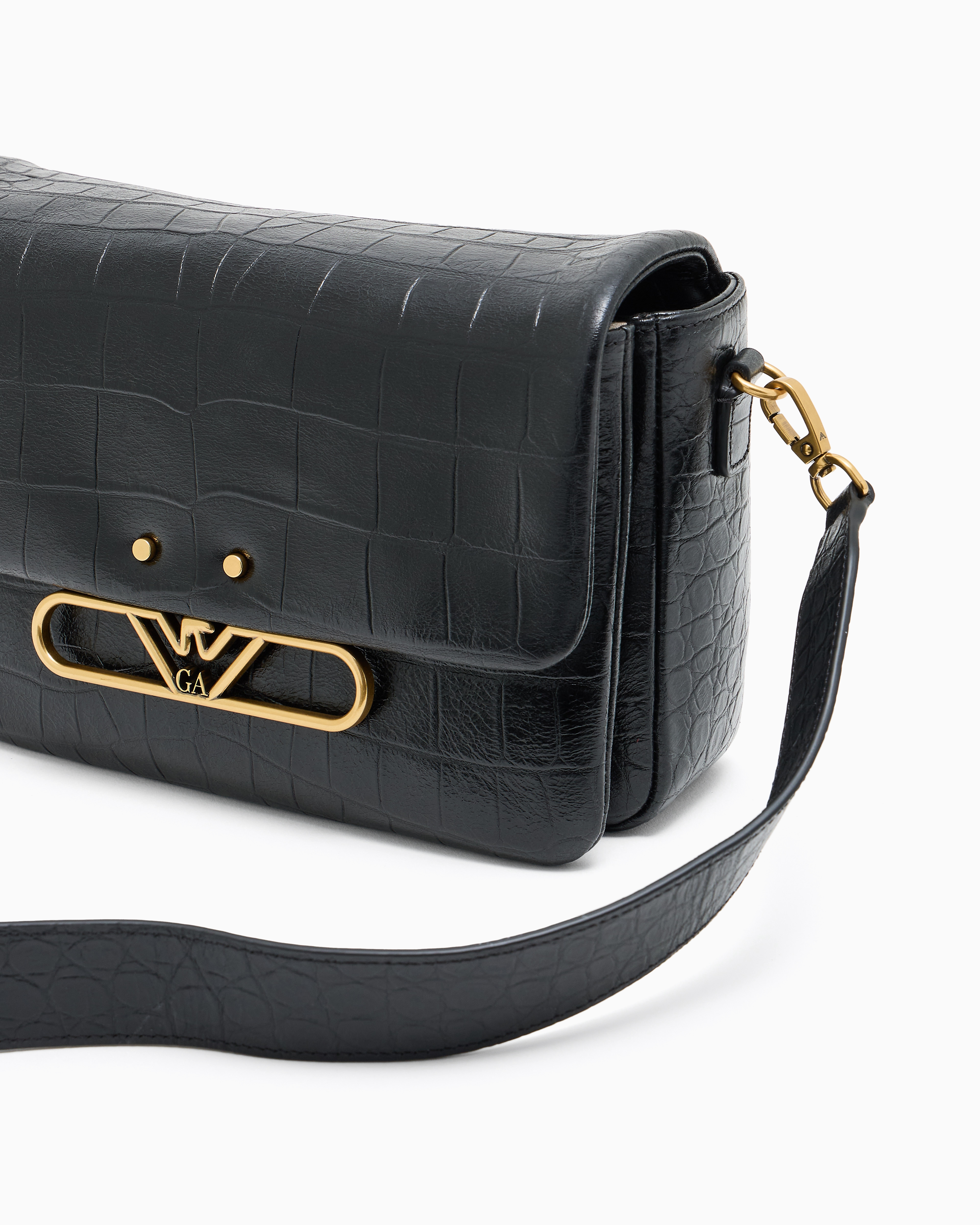 Emporio Armani Leather Shoulder Bag With A Crocodile-print Finish And Eagle Logo In Black