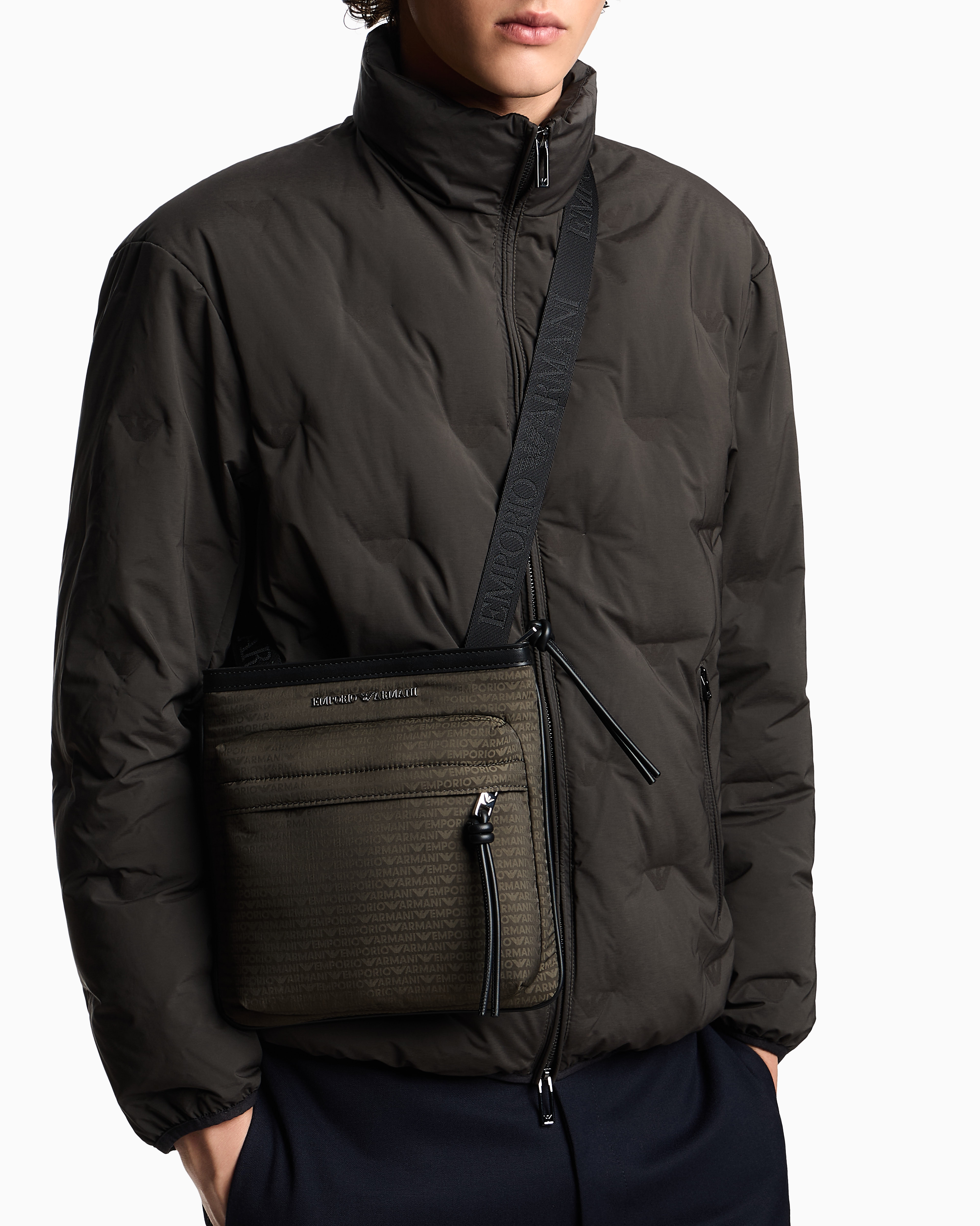 Emporio Armani - Nylon flat shoulder bag with monogram lettering, Man, Green, Size: TU