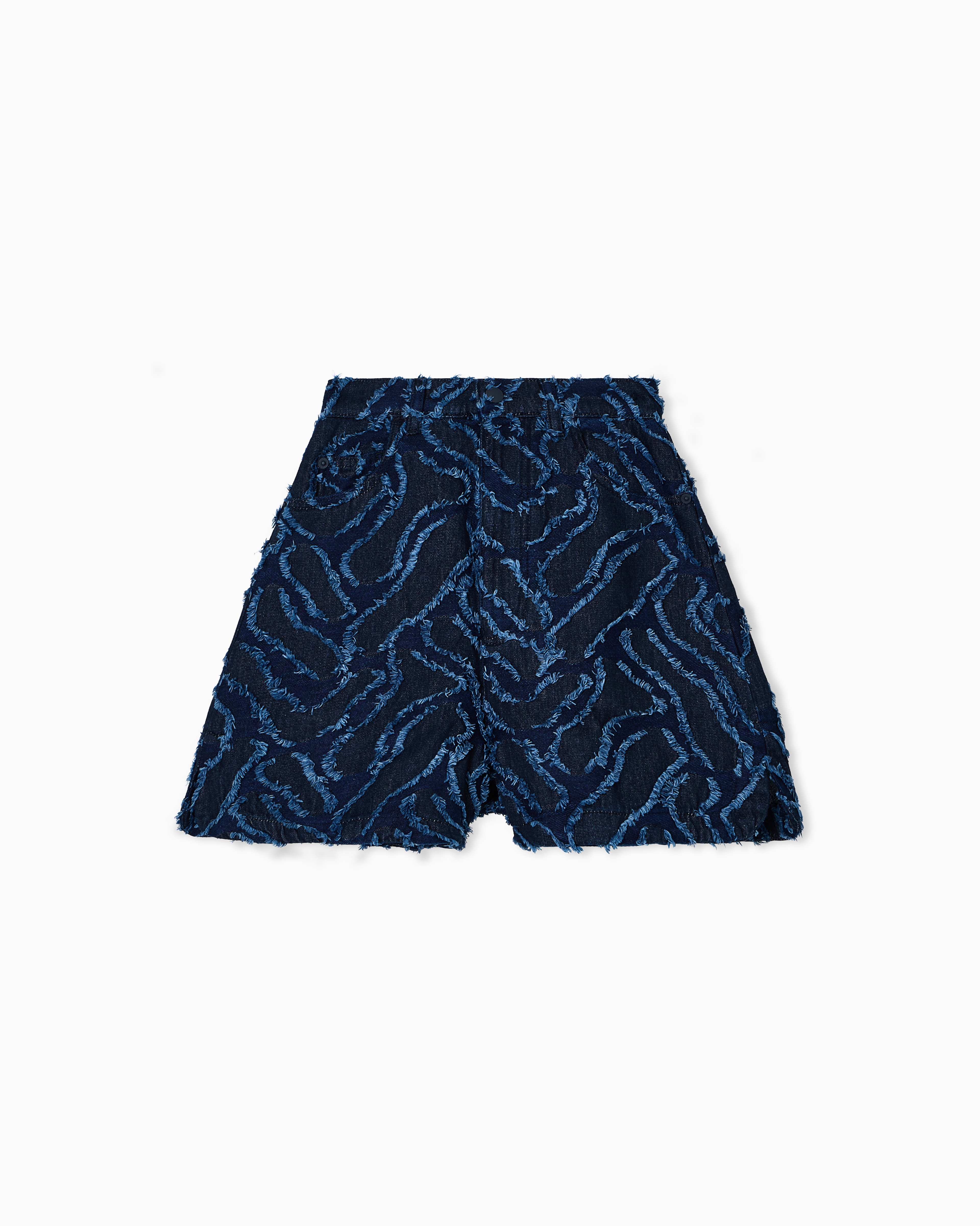 Emporio Armani Fringed Embossed Jacquard Denim Shorts In Blue