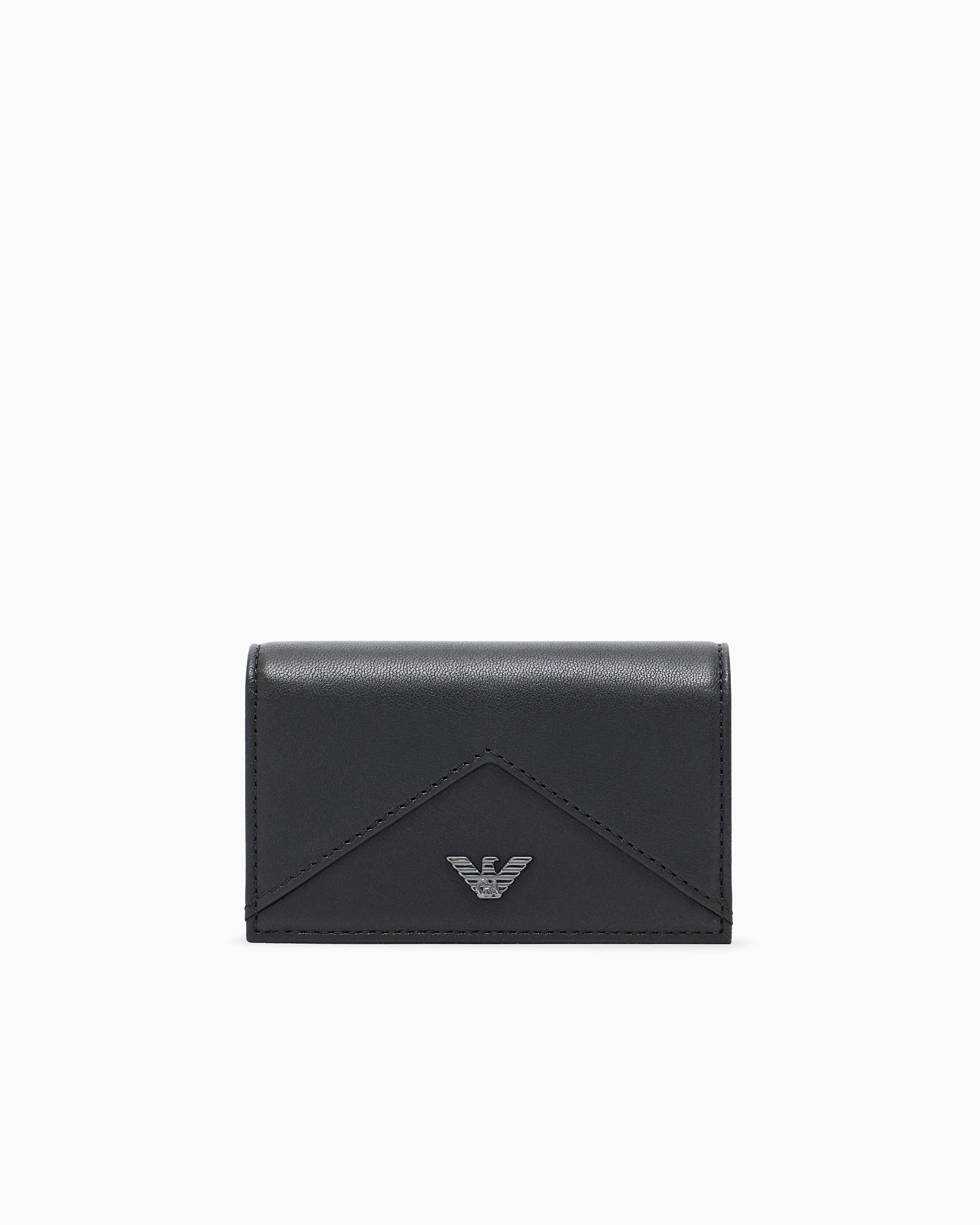 Emporio Armani - Nappa leather card holder with flap with geometric detail, Man, Black, Size: TU