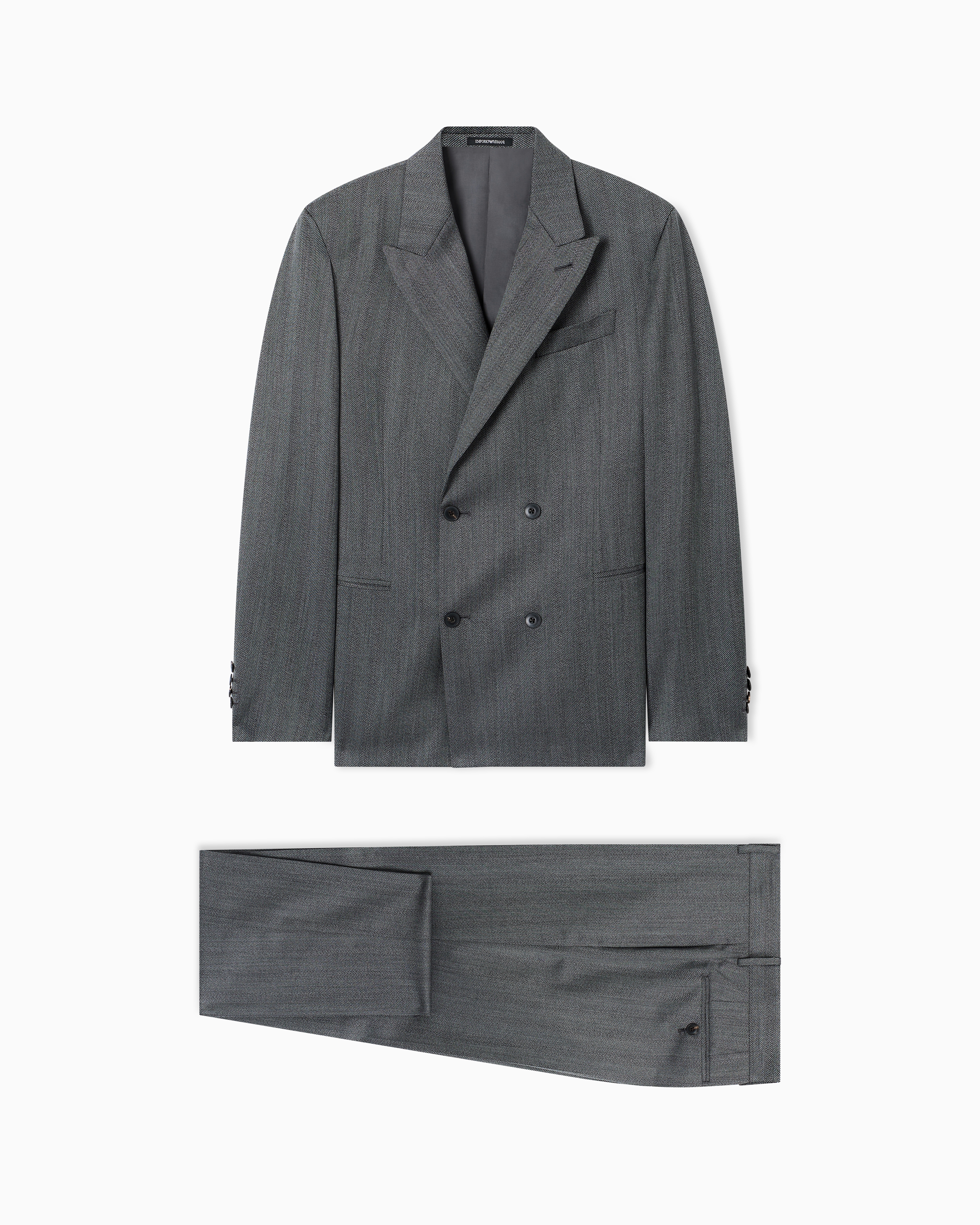 Emporio Armani - Double-breasted suit Cheviot-effect armure virgin wool, Man, Grey, Size: