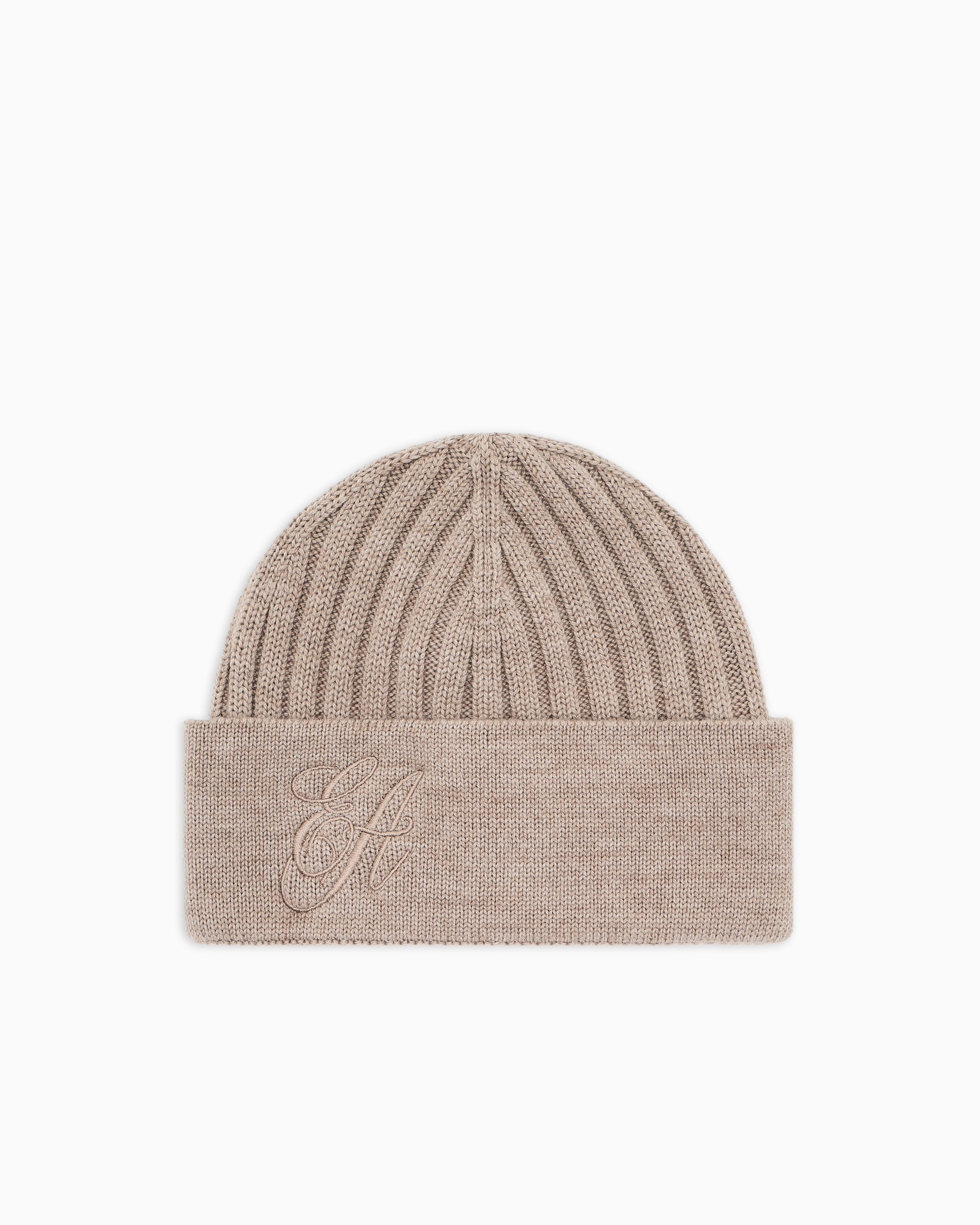 Emporio Armani - Ribbed wool beanie with EA signature embroidery, Woman, Beige, Size: