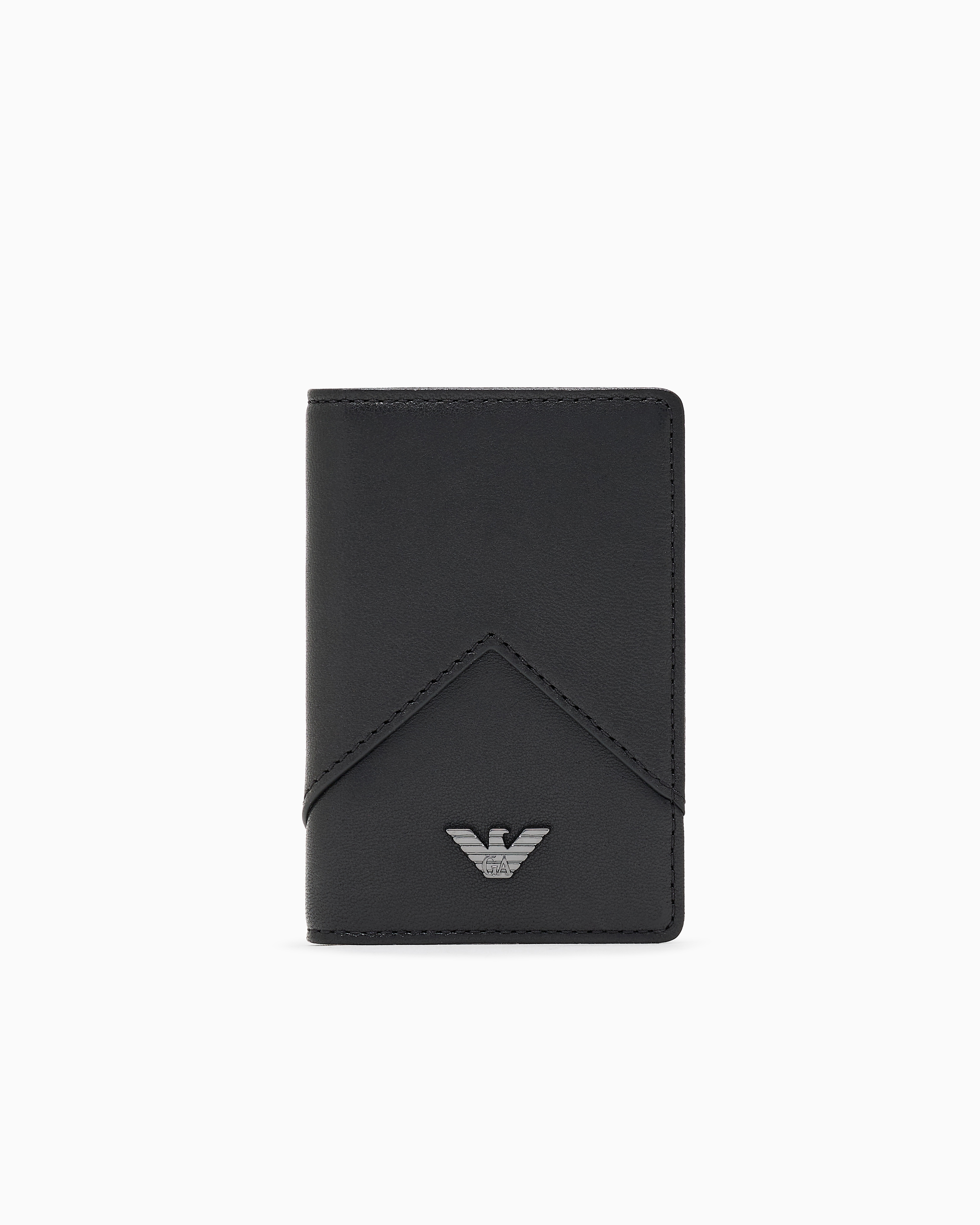 Emporio Armani - Nappa leather trifold card holder with geometric detail, Man, Black, Size: TU