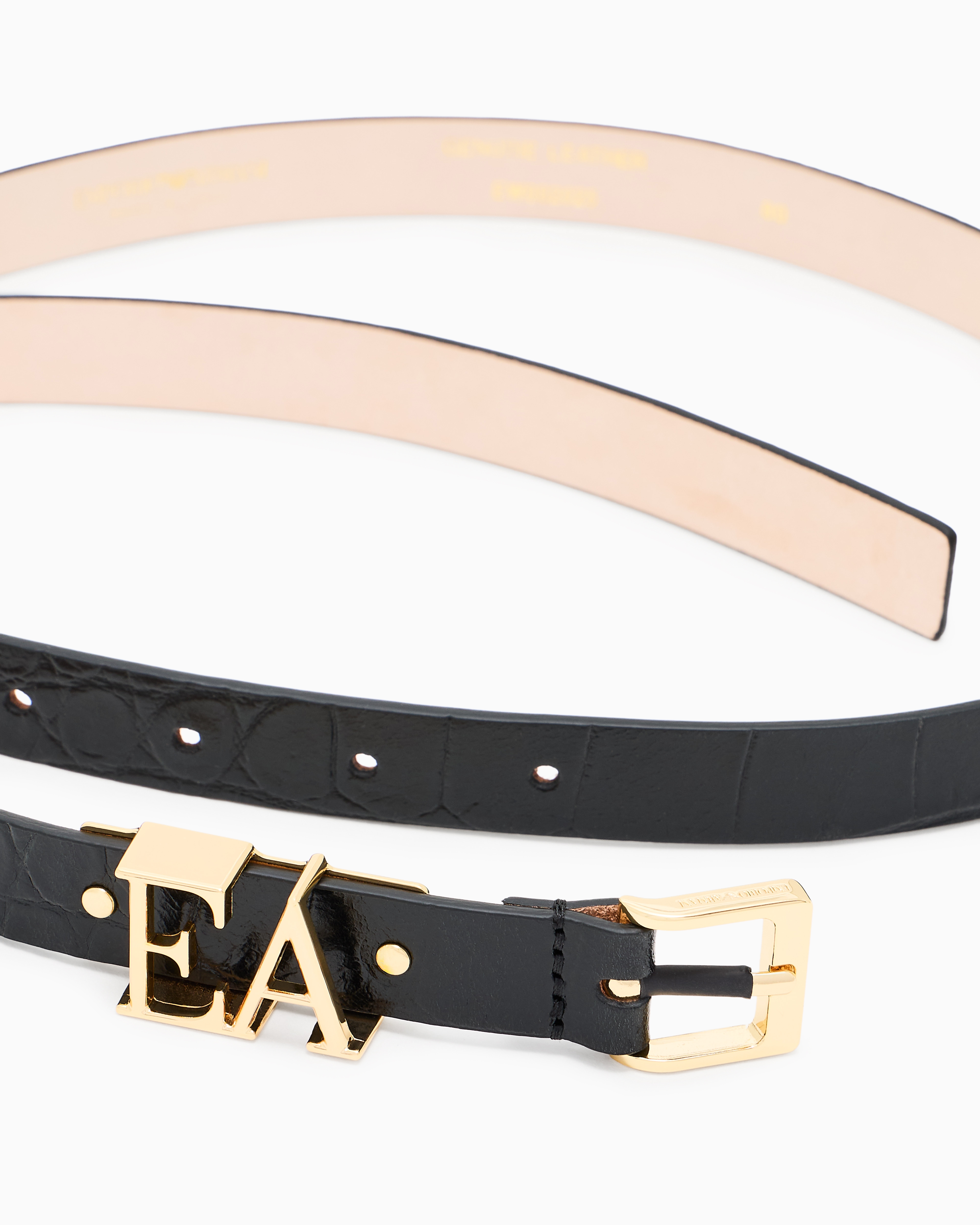 Emporio Armani Leather Belt With Crocodile-print Finish And Contoured Ea Buckle In Black