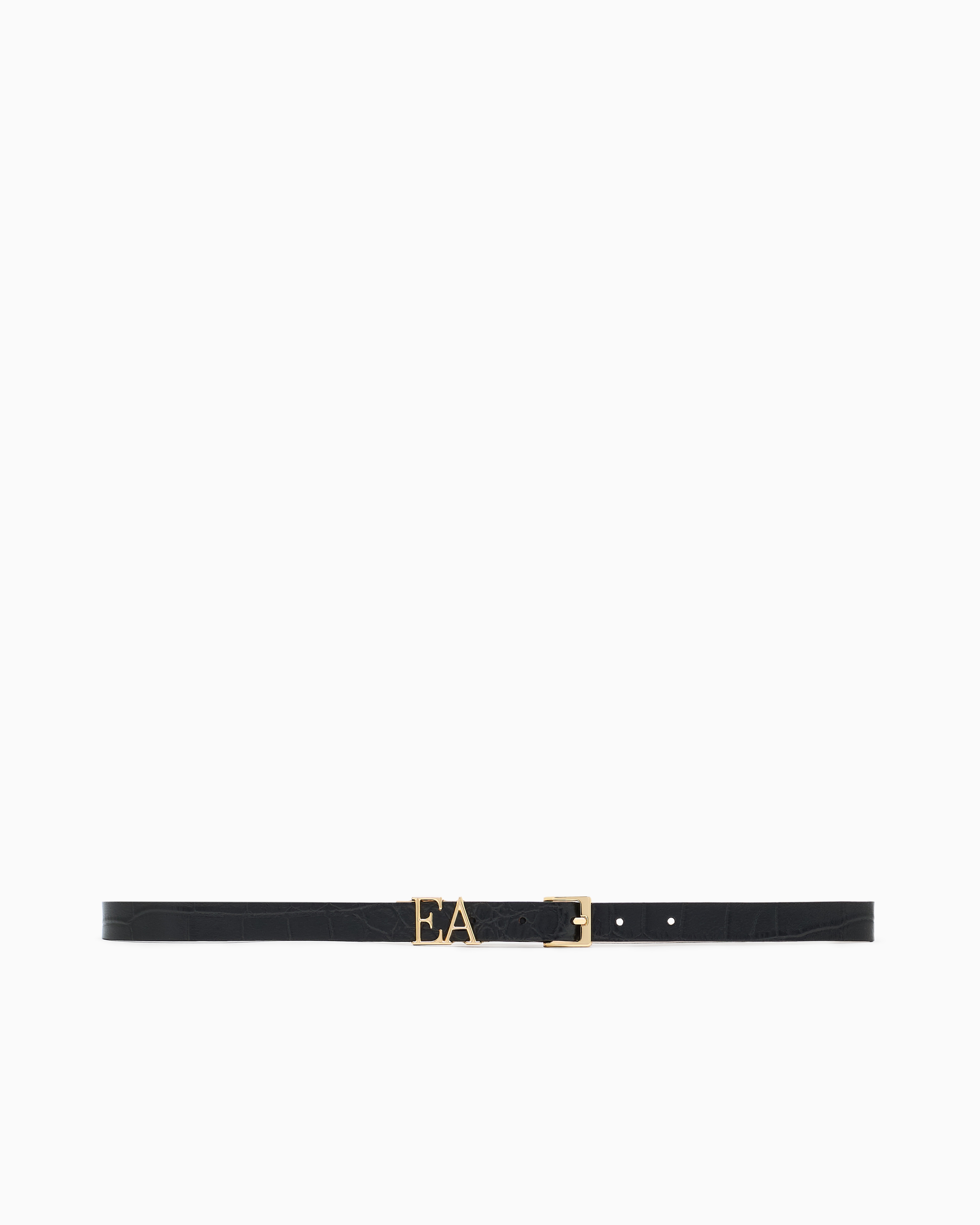 Emporio Armani Leather Belt With Crocodile-print Finish And Contoured Ea Buckle In Black