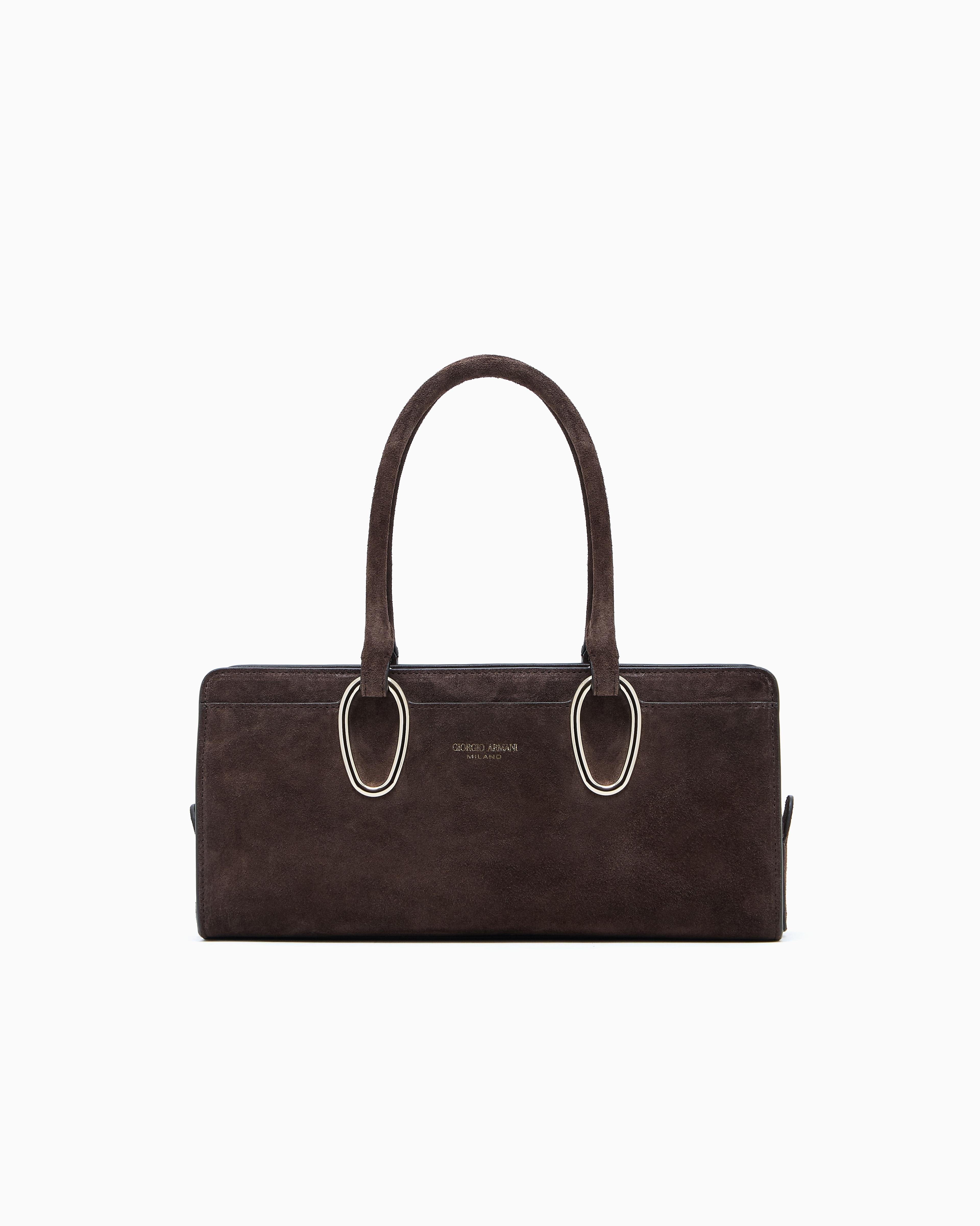 Giorgio Armani Rectangular Suede Shoulder Bag With Metal Hardware In Brown