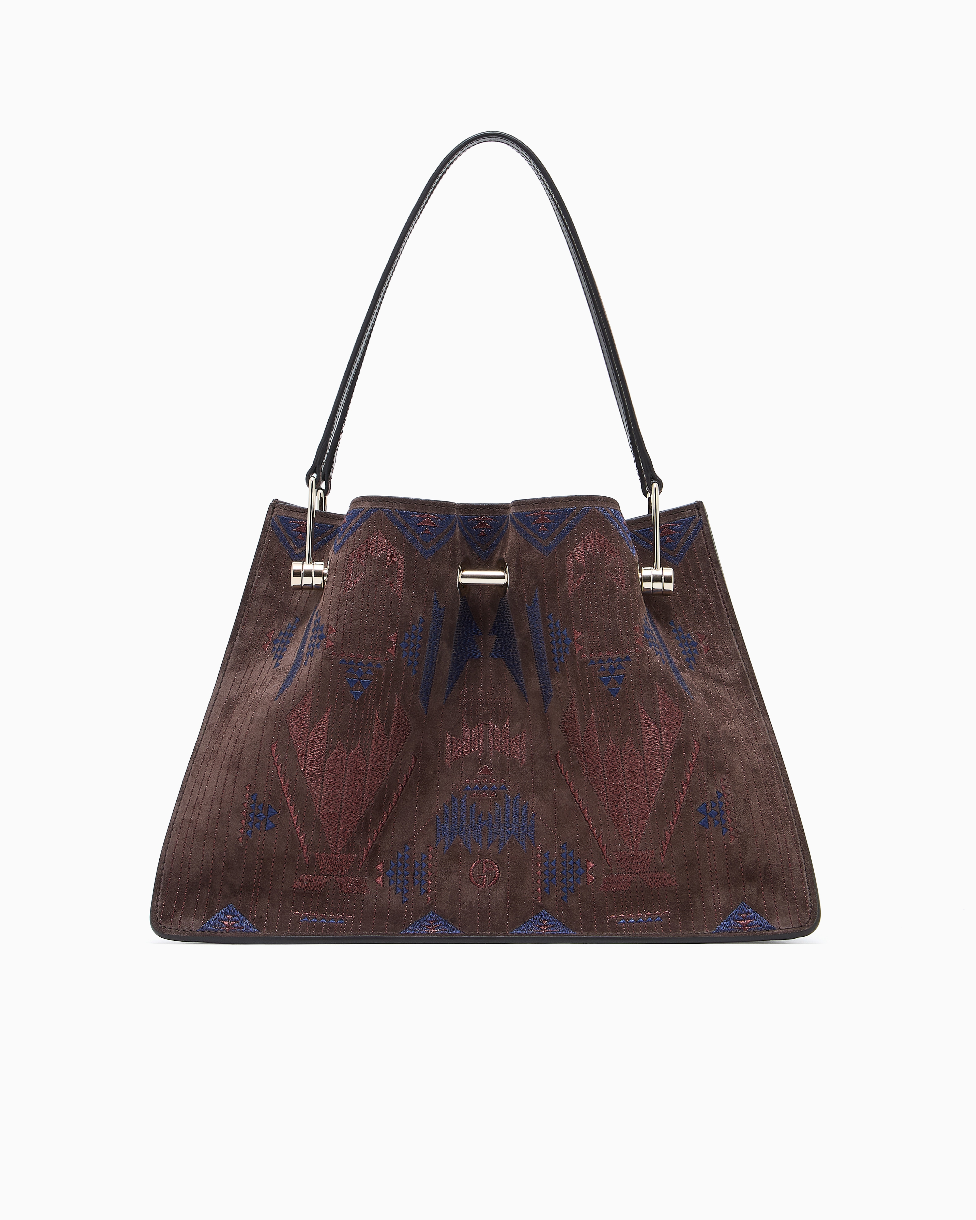 Giorgio Armani Small Embroidered Suede Shopper Bag In Brown