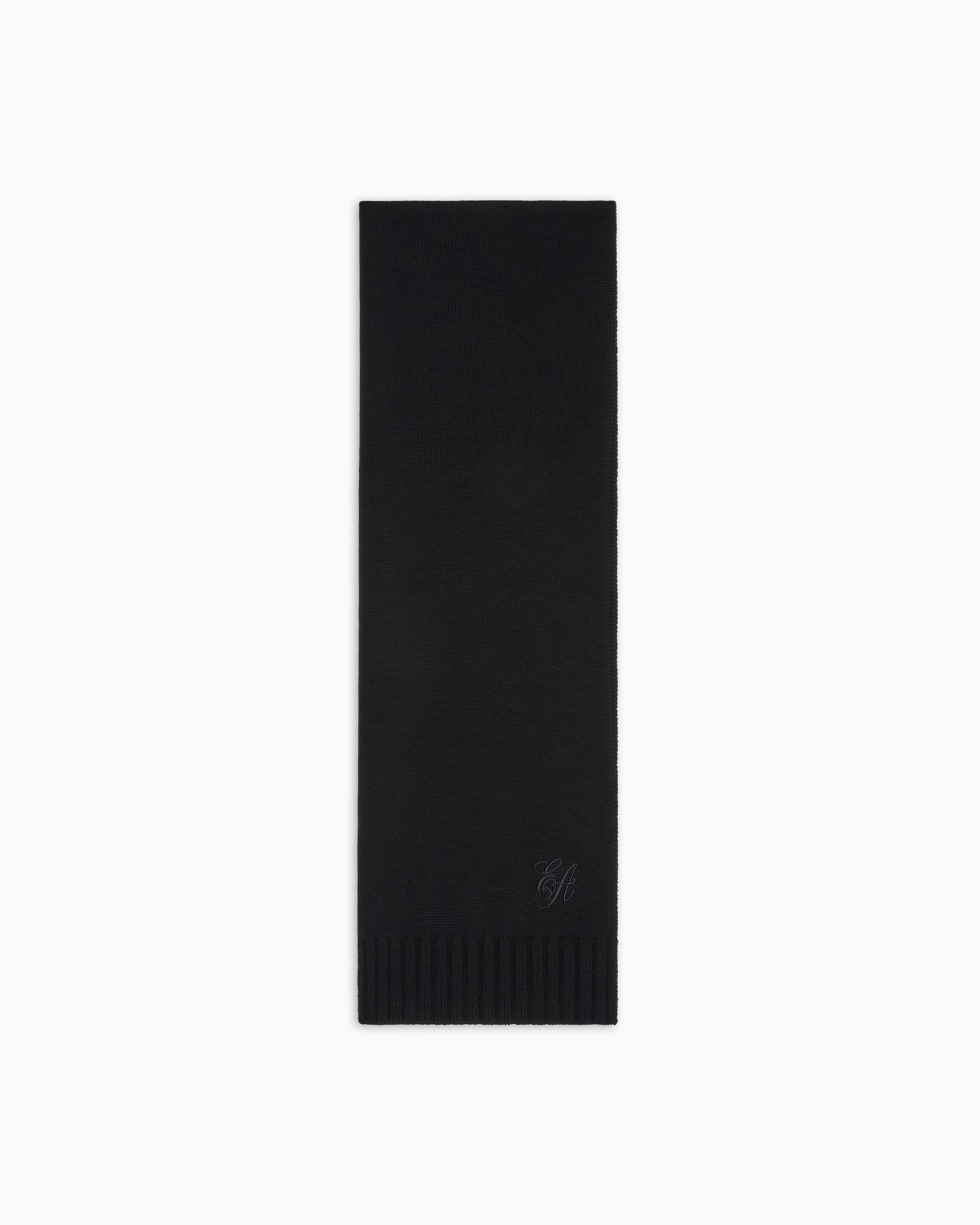 Emporio Armani Wool Scarf With Ea Signature Logo Embroidery In Black