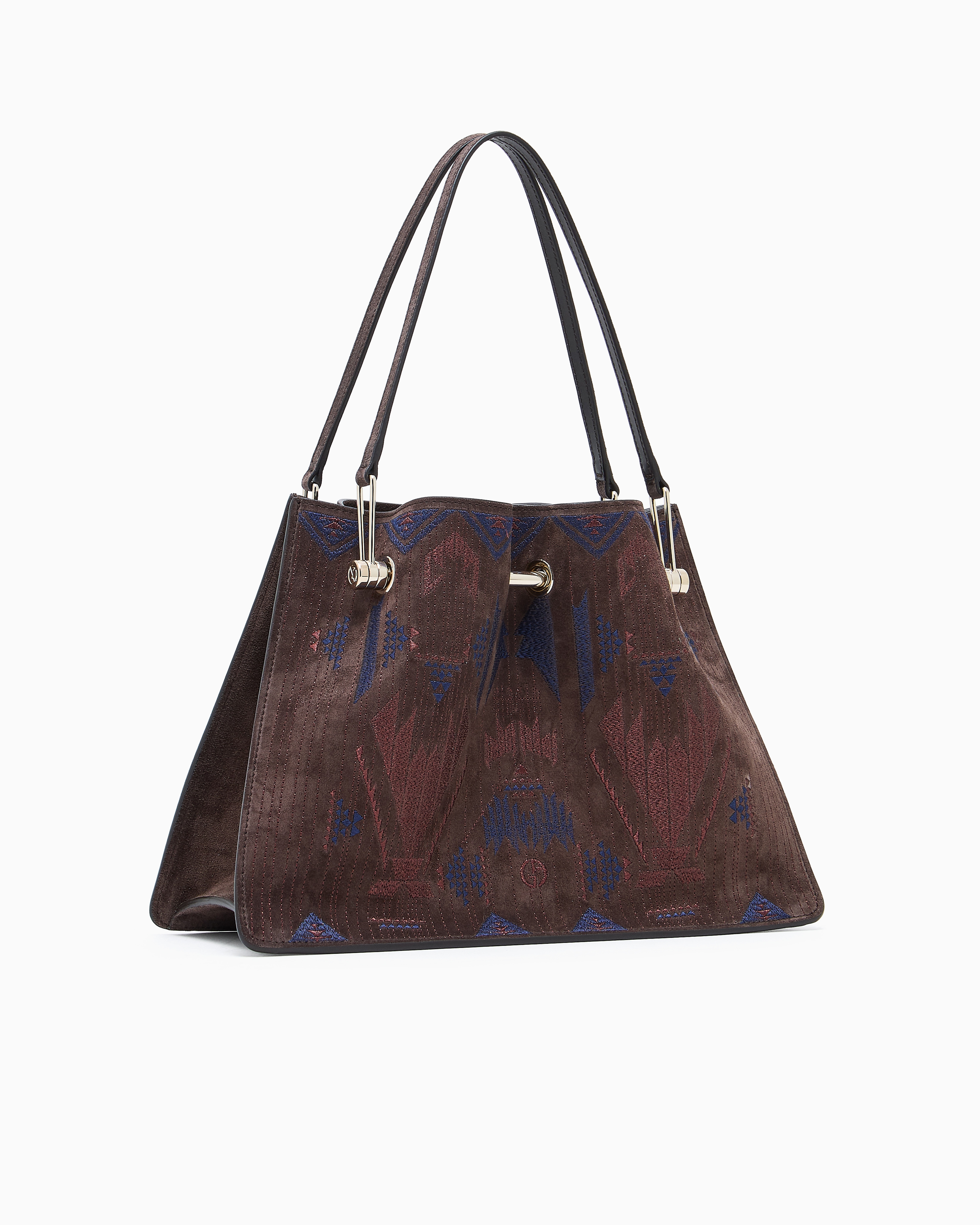 Giorgio Armani Small Embroidered Suede Shopper Bag In Brown
