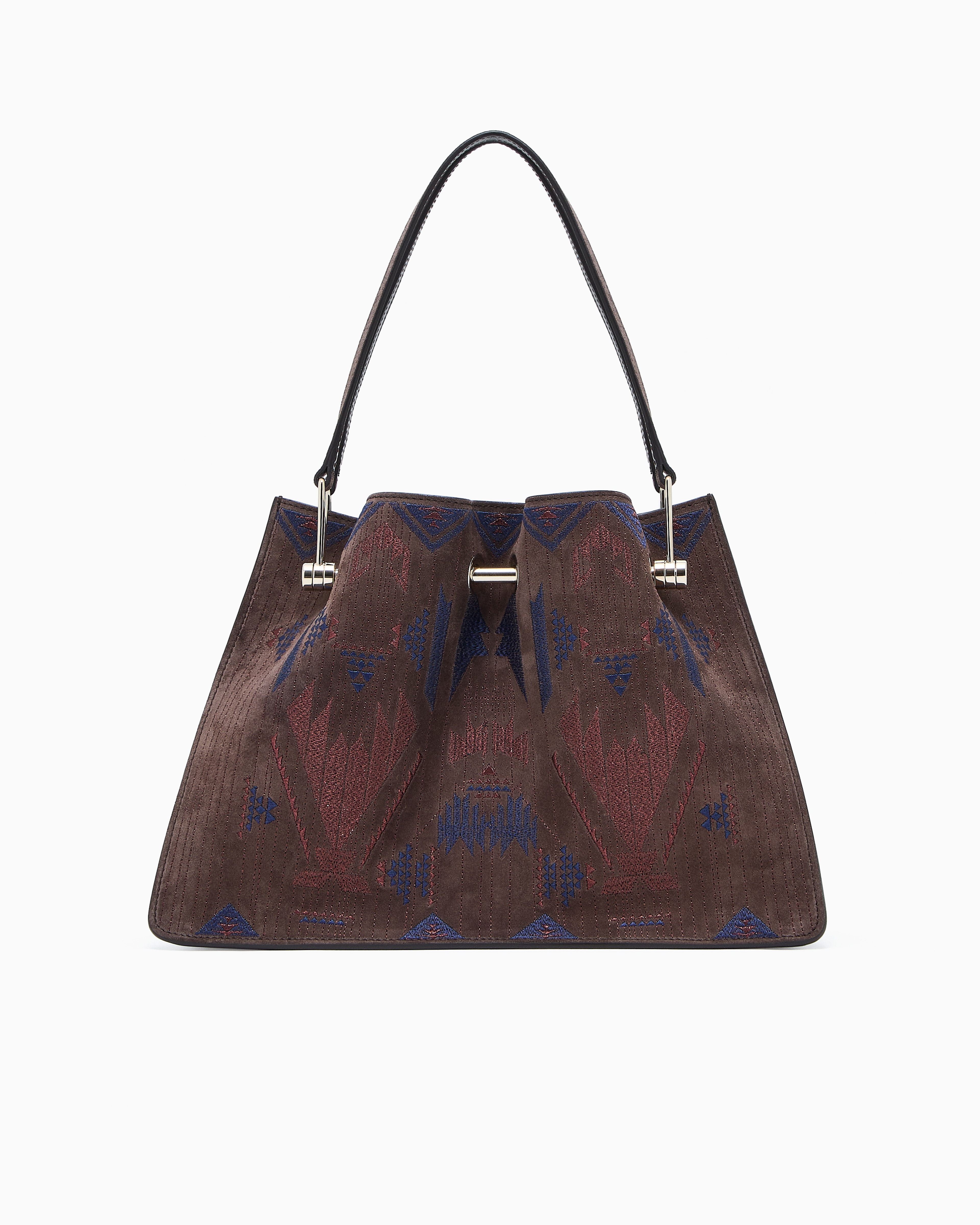 Giorgio Armani Small Embroidered Suede Shopper Bag In Brown