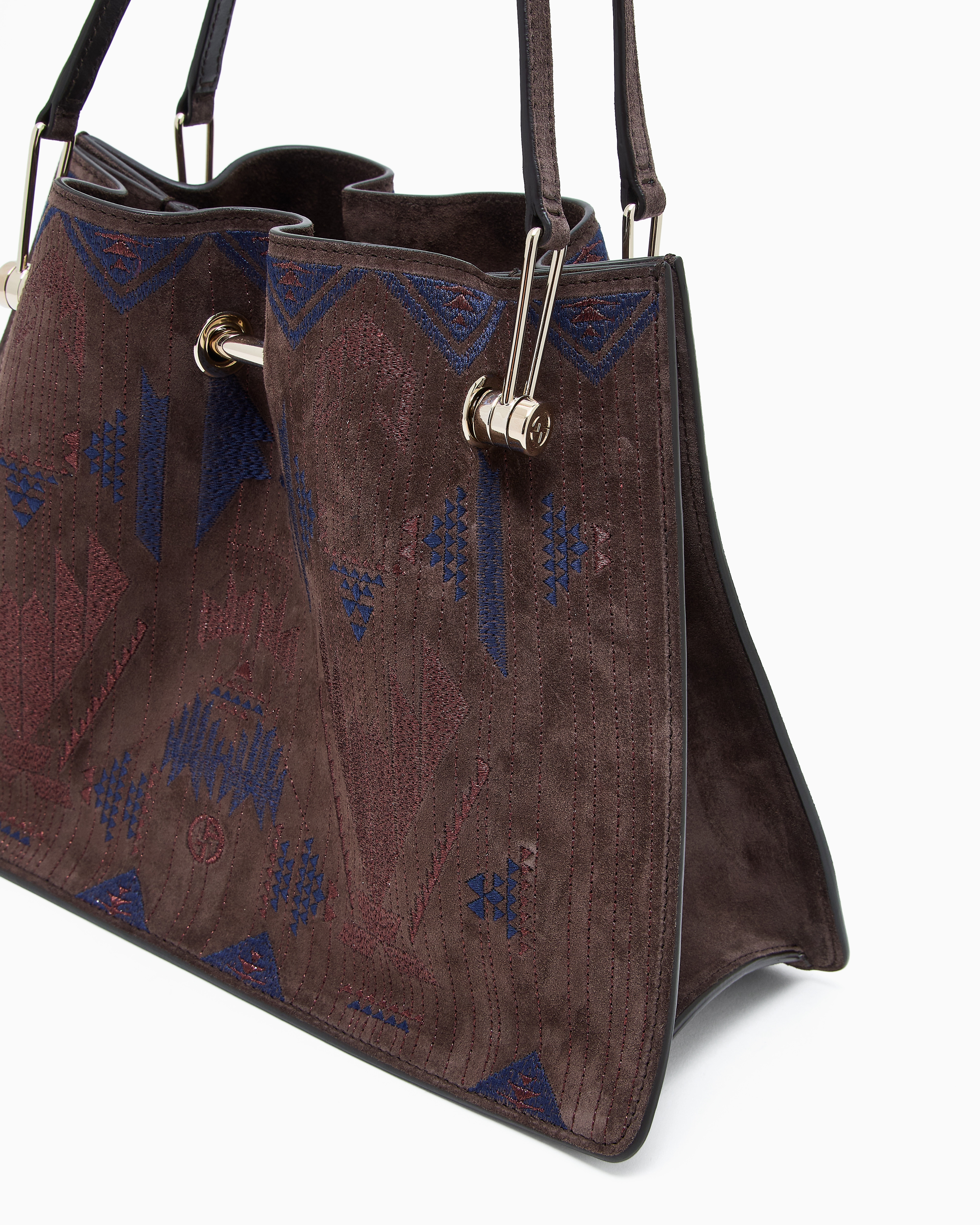 Giorgio Armani Small Embroidered Suede Shopper Bag In Brown