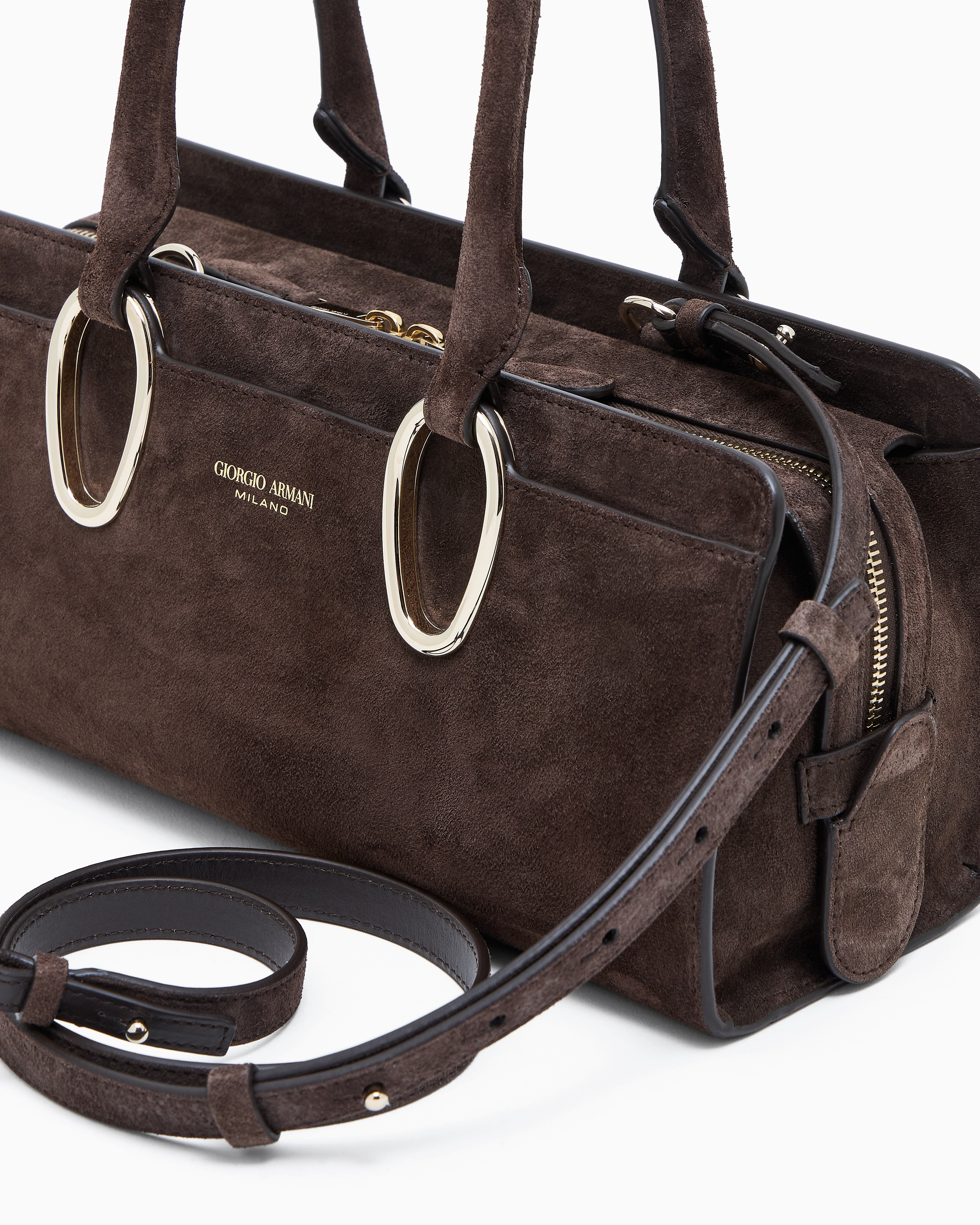 Giorgio Armani Rectangular Suede Shoulder Bag With Metal Hardware In Brown