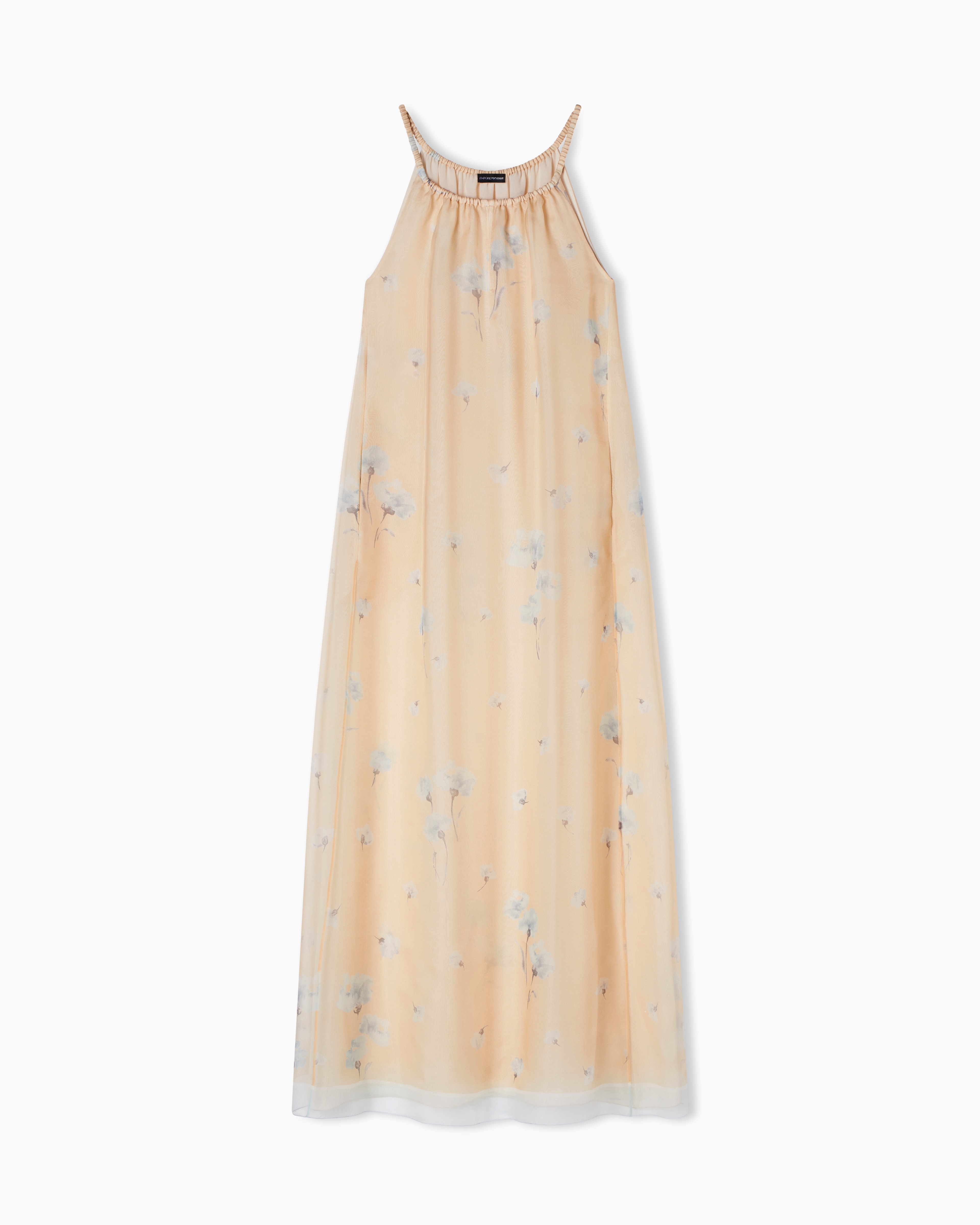 Long dress in silk organza with floral foulard print