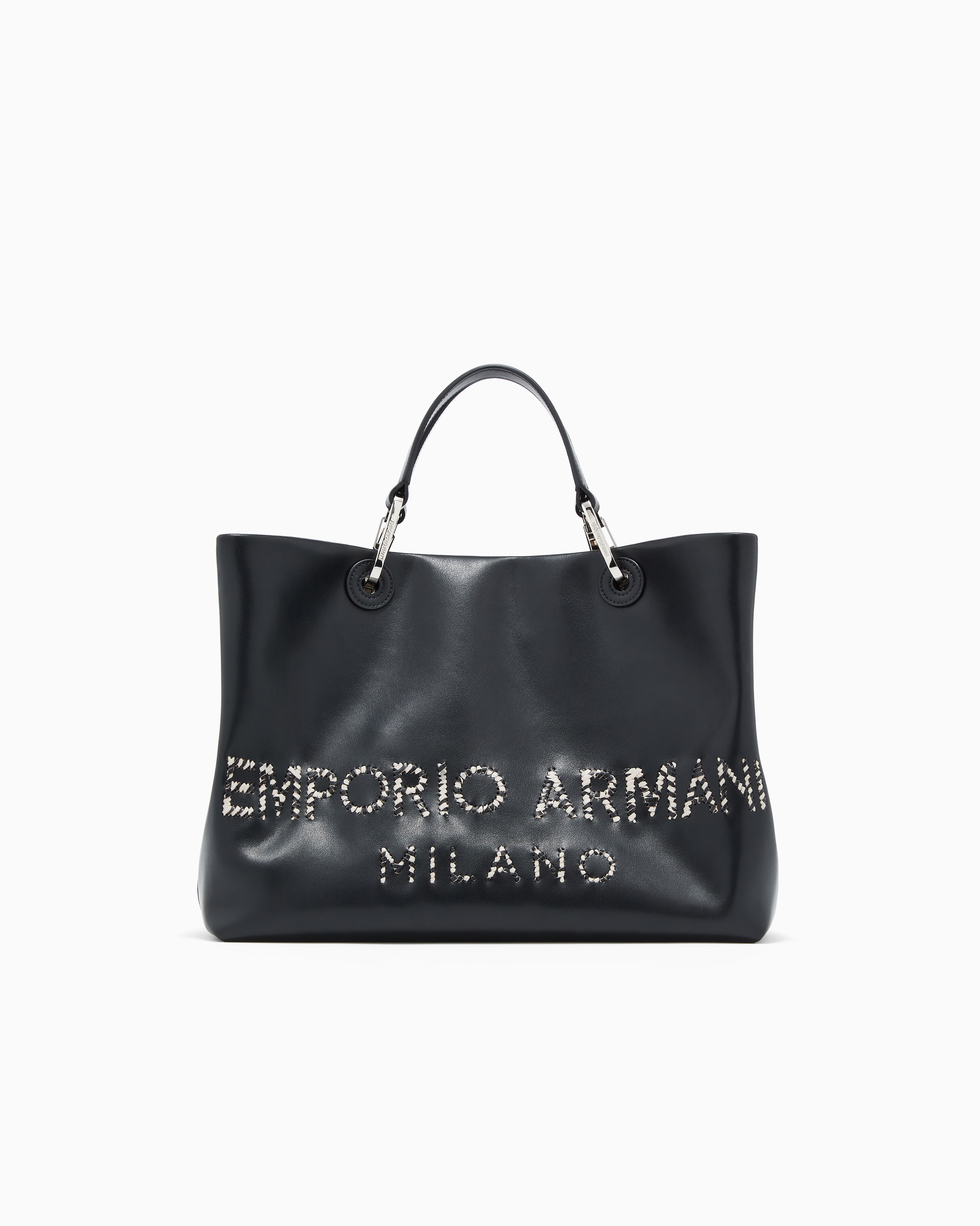 EMPORIO ARMANI myeabag ラフィアバッグ MyEA ミディアムショッパー ナッパレザー ゼブラストライプロゴ