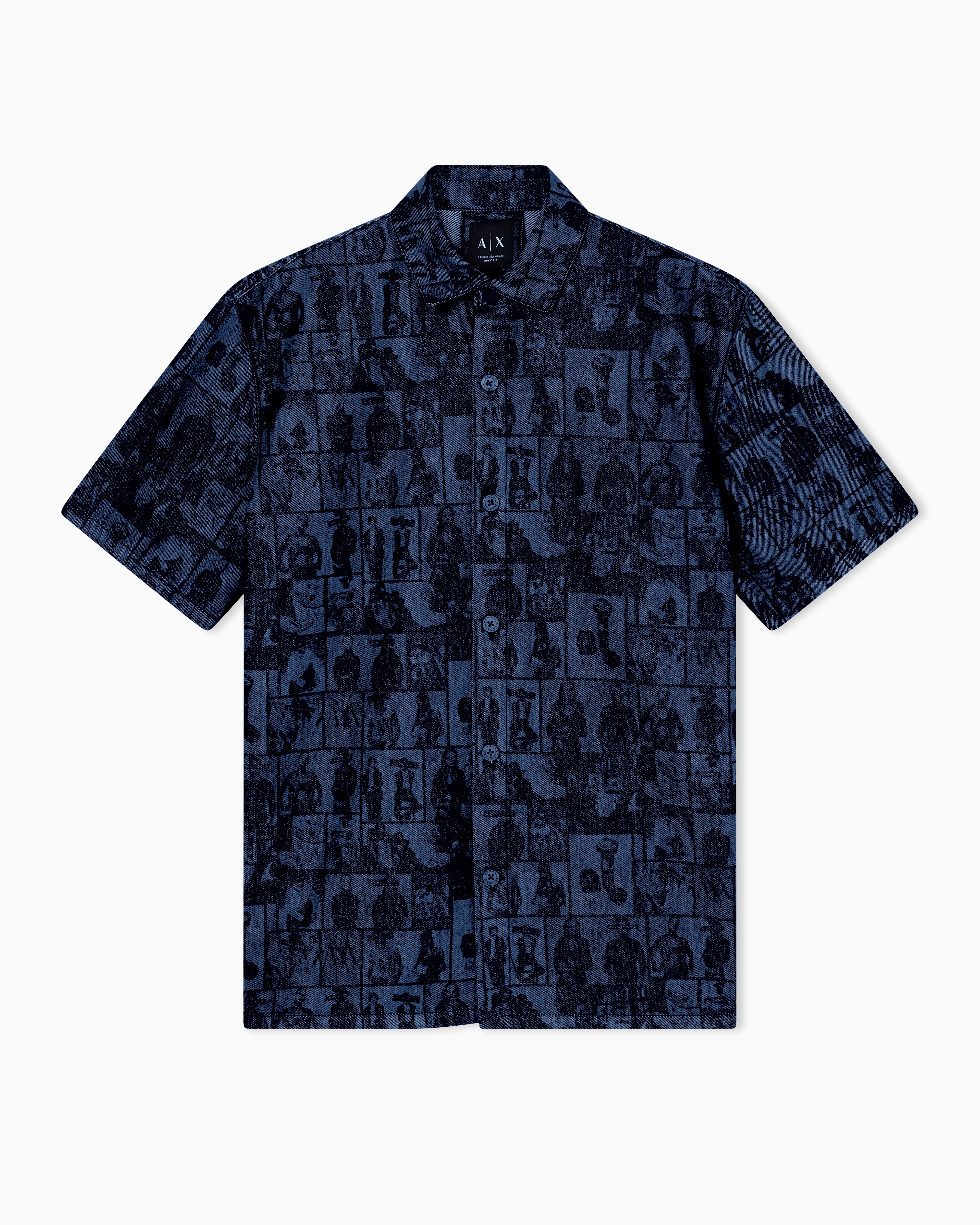 EMPORIO ARMANI 厚手デニム半袖シャツ アーカイブプリント デニム ボクシーフィット 半袖シャツ | Armani