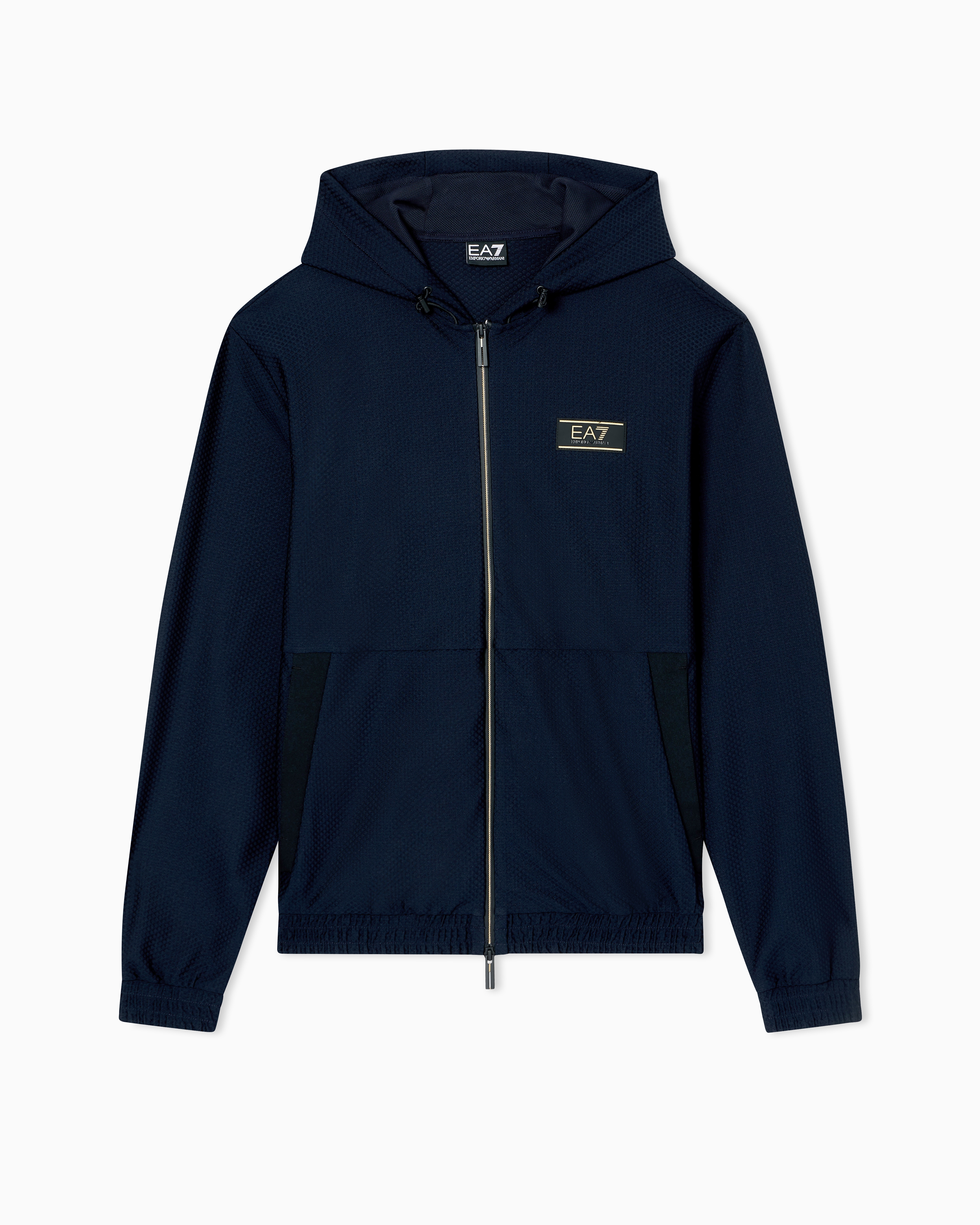 EMPORIO ARMANI ベロア調 ジップアップパーカー ネイビー Premium Label technical fabric hooded sweatshirt | EA7 US