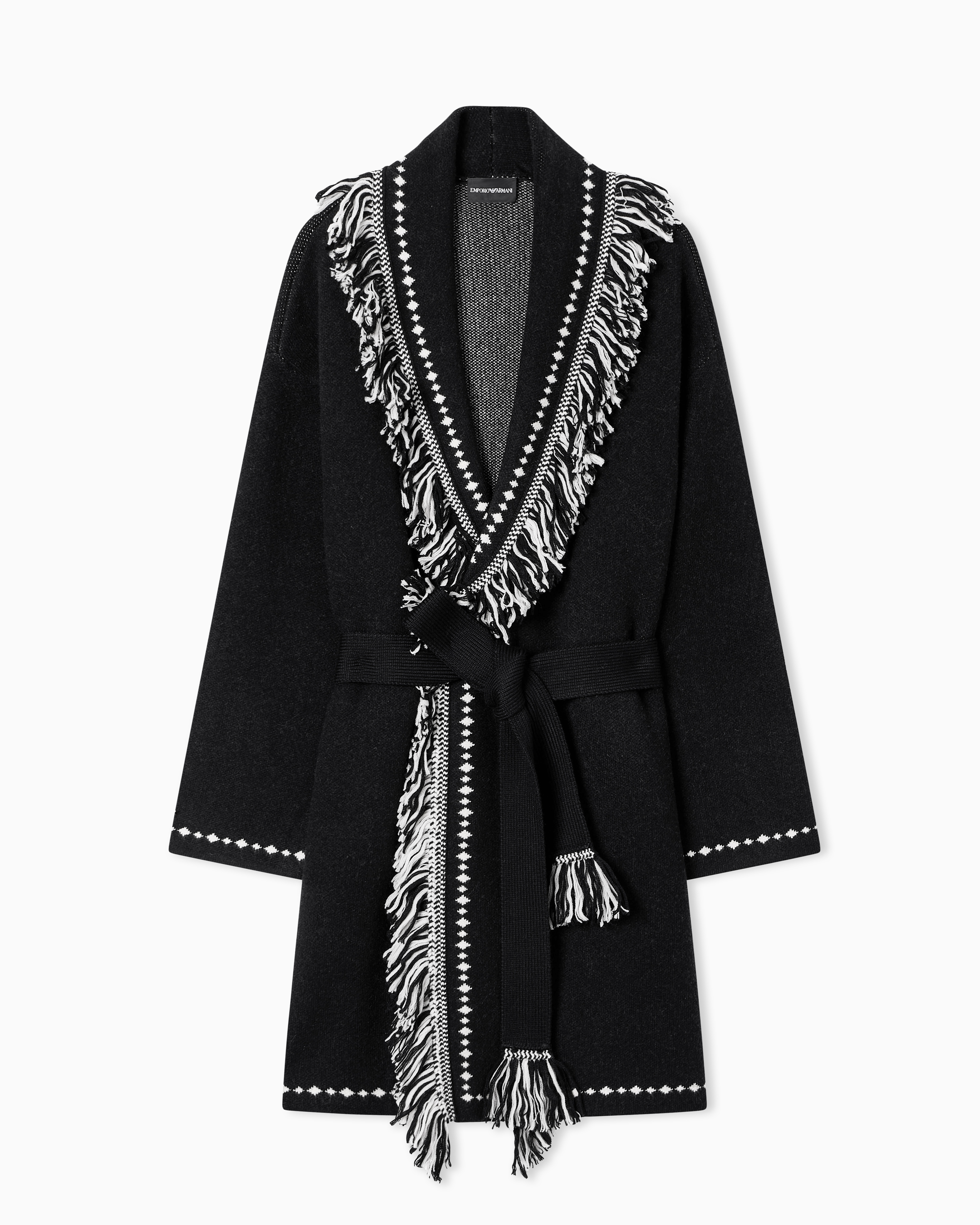 Oversized cardigan with fringed edges and jacquard motif | Emporio