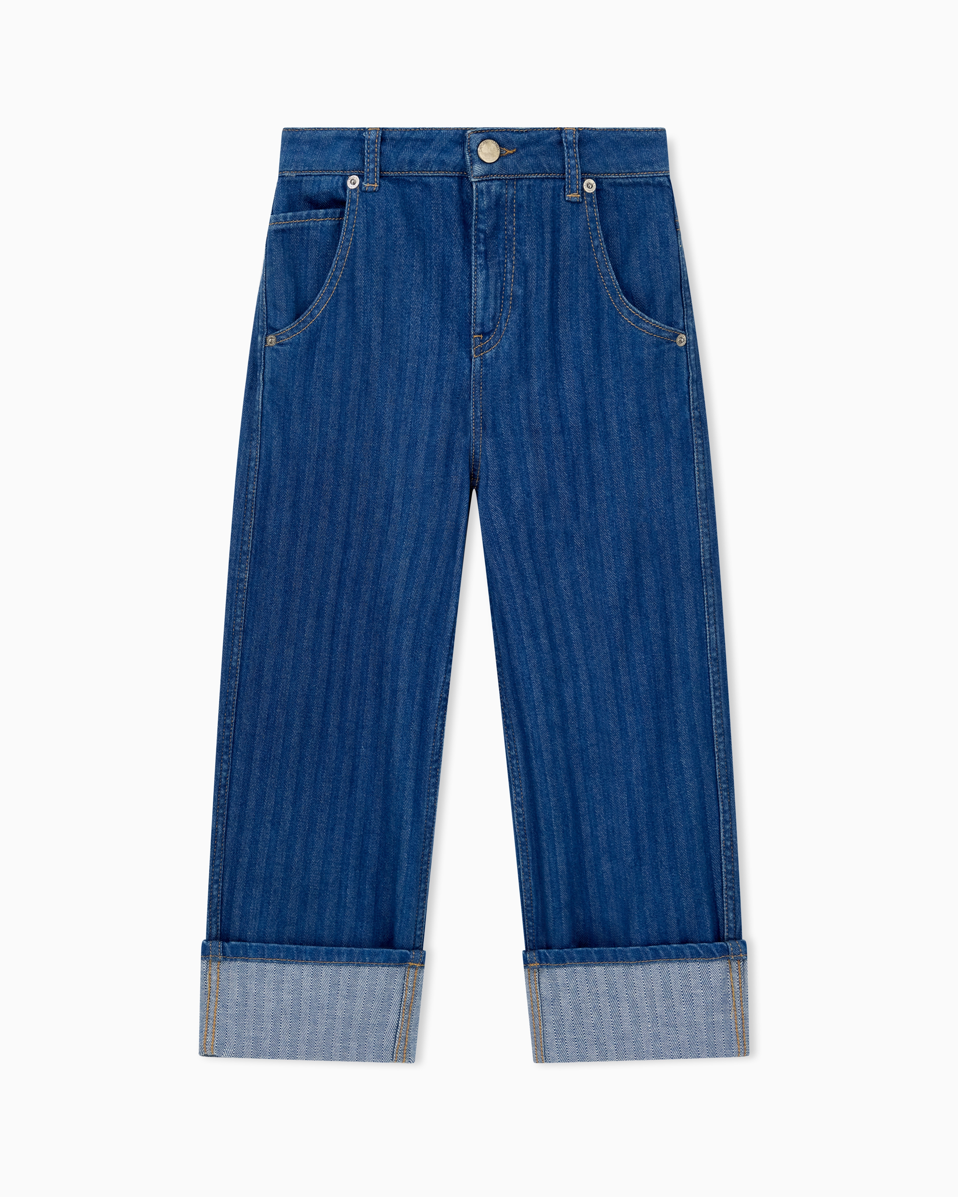 Wide-leg denim jeans with vertical stripes and a cuffed hem