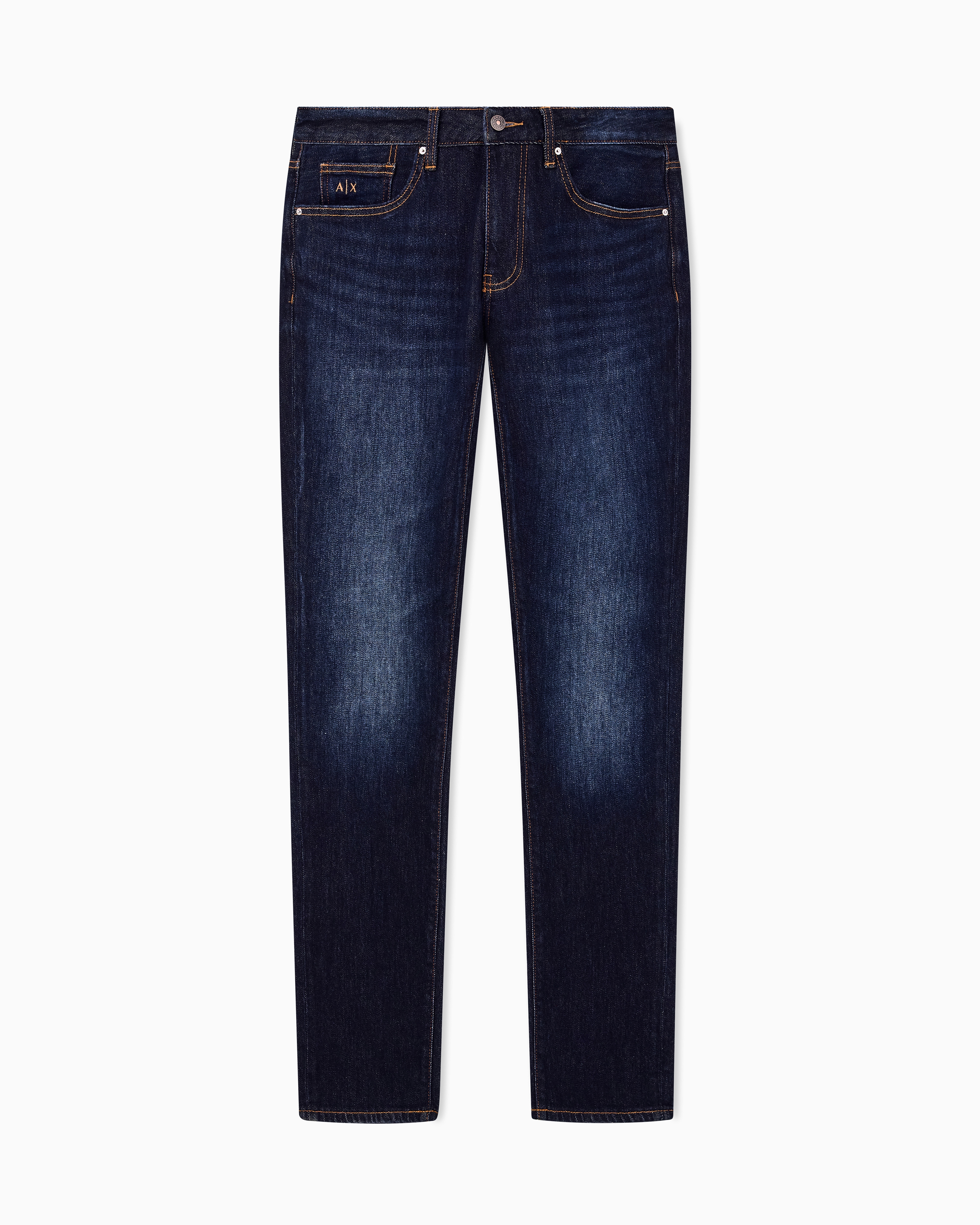 Slim-fit five-pocket denim jeans with a leather patch | Armani