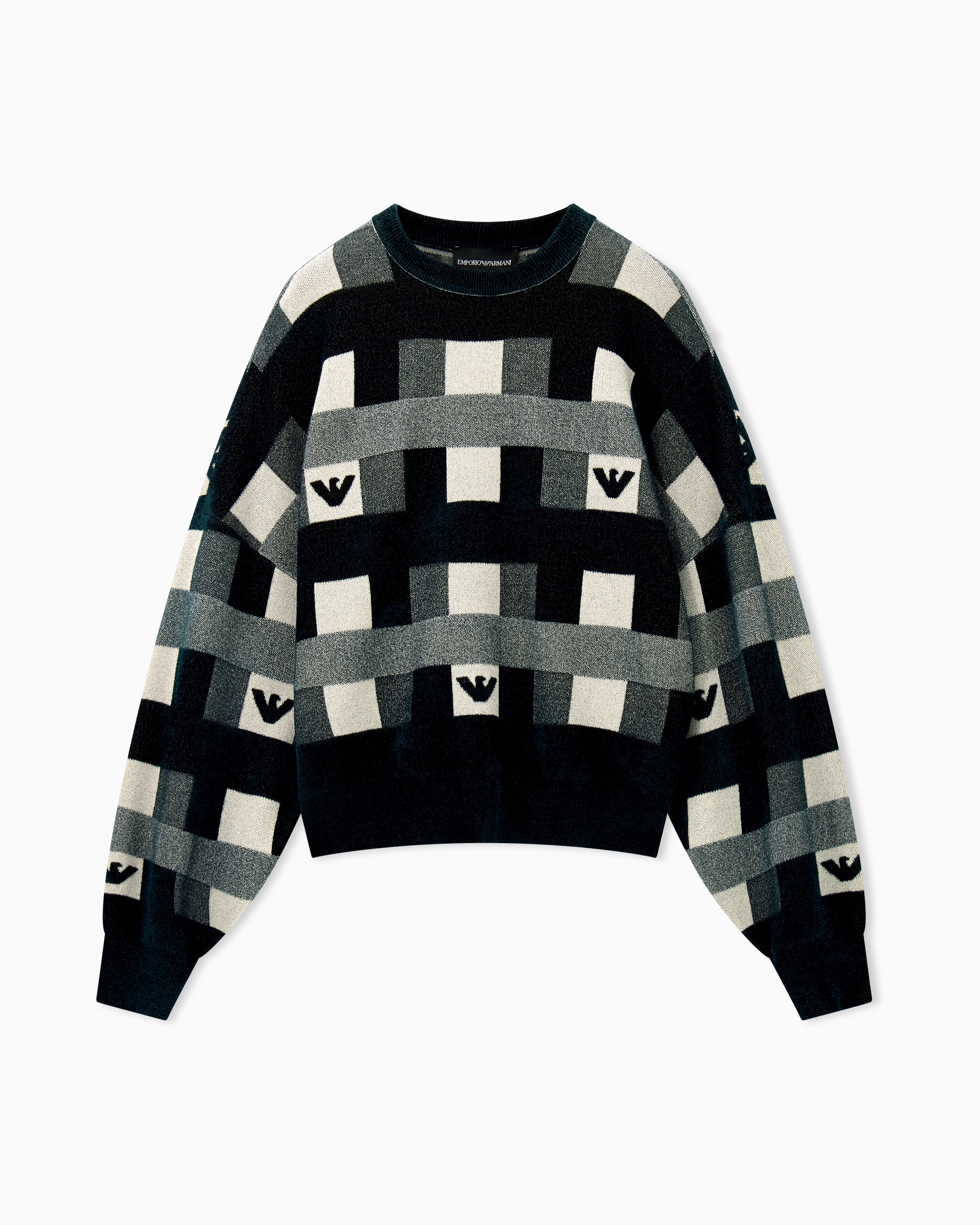 Crew neck pullover with checkered inlay graphic and logo | Emporio