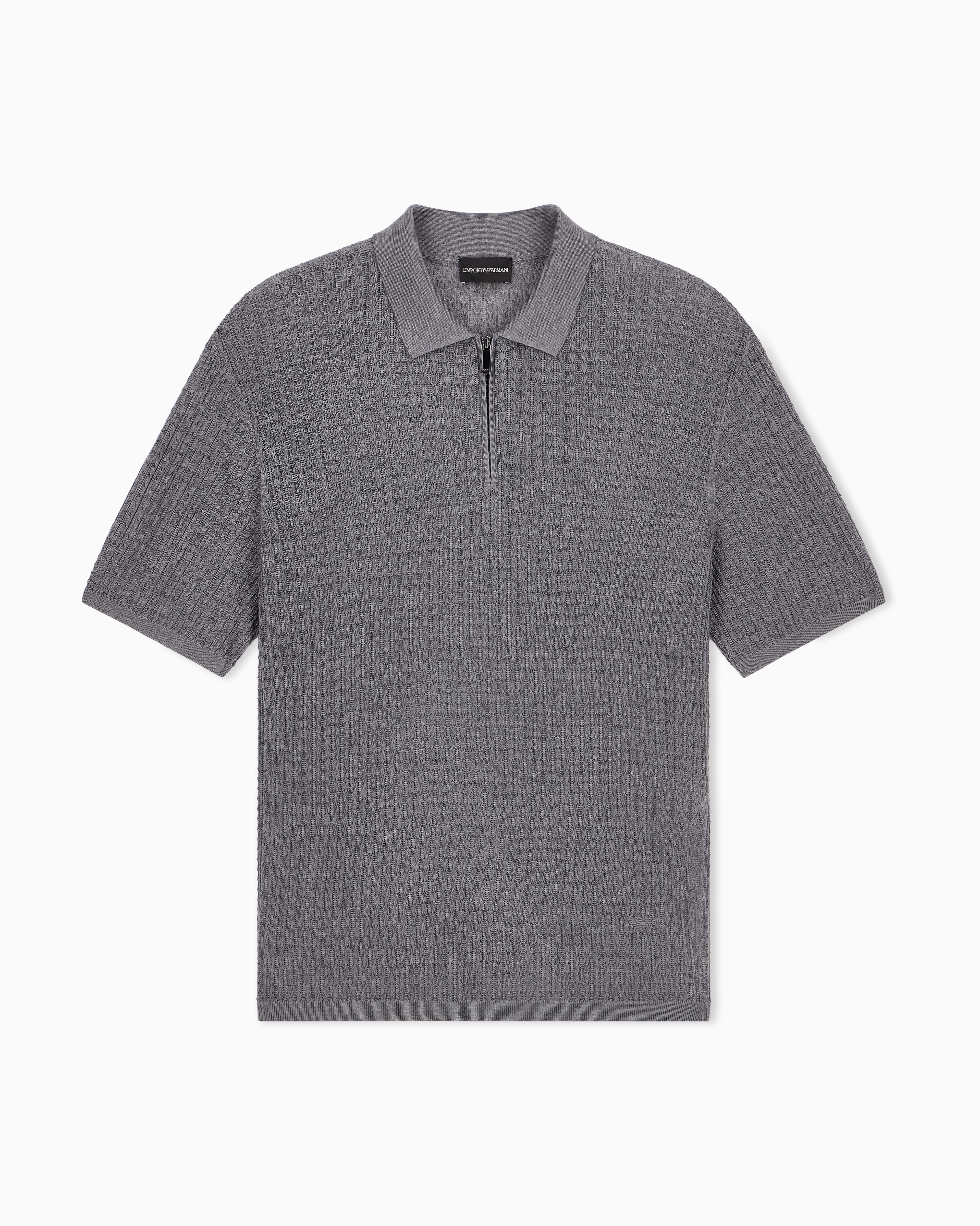 EMPORIO ARMANI グレー 高級ニットセーター メリノウール・モヘア Polo collar sweater in wool and lyocell blend with patterned knit