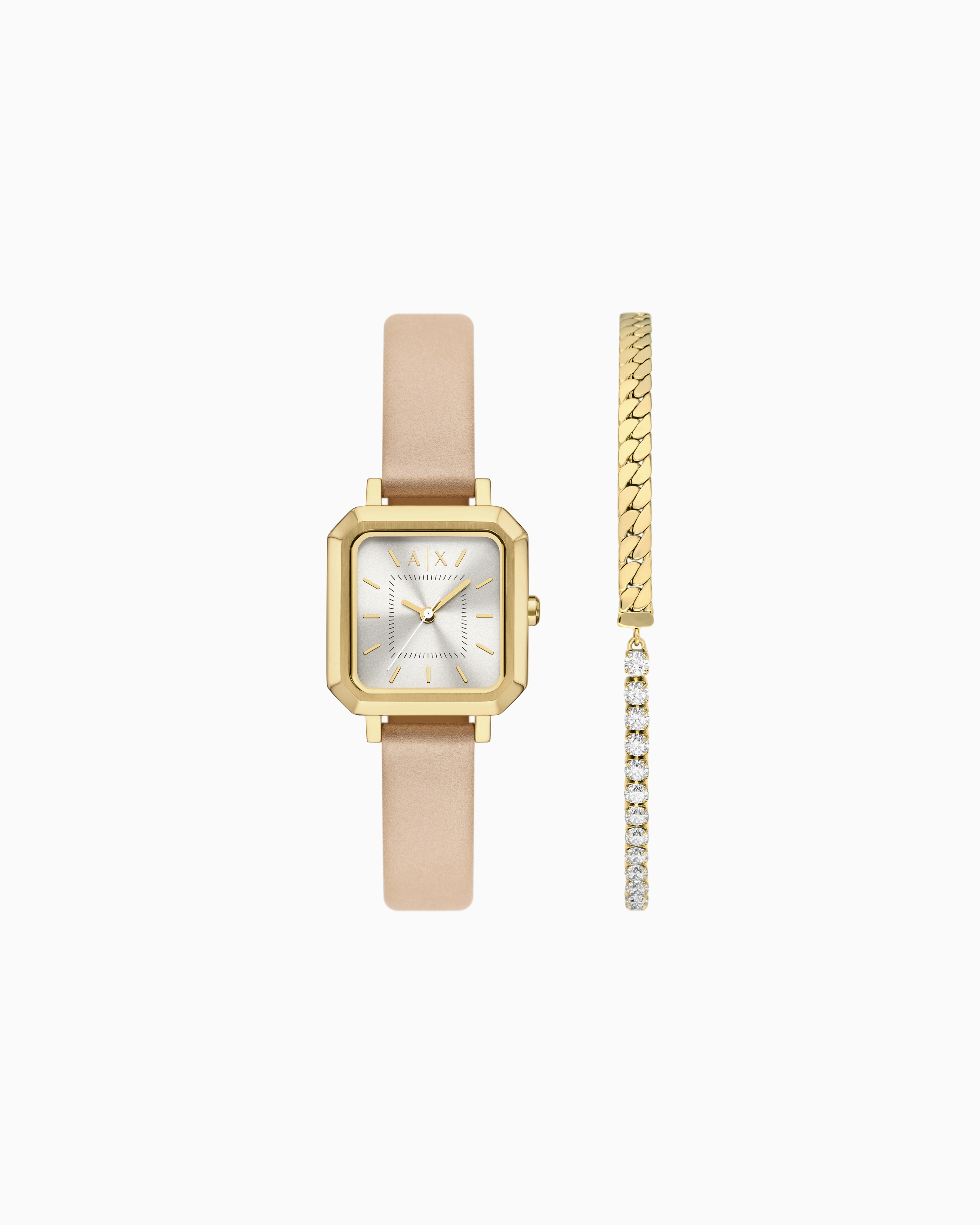 Three-Hand Nude Leather Watch and Bracelet Gift Set | Armani