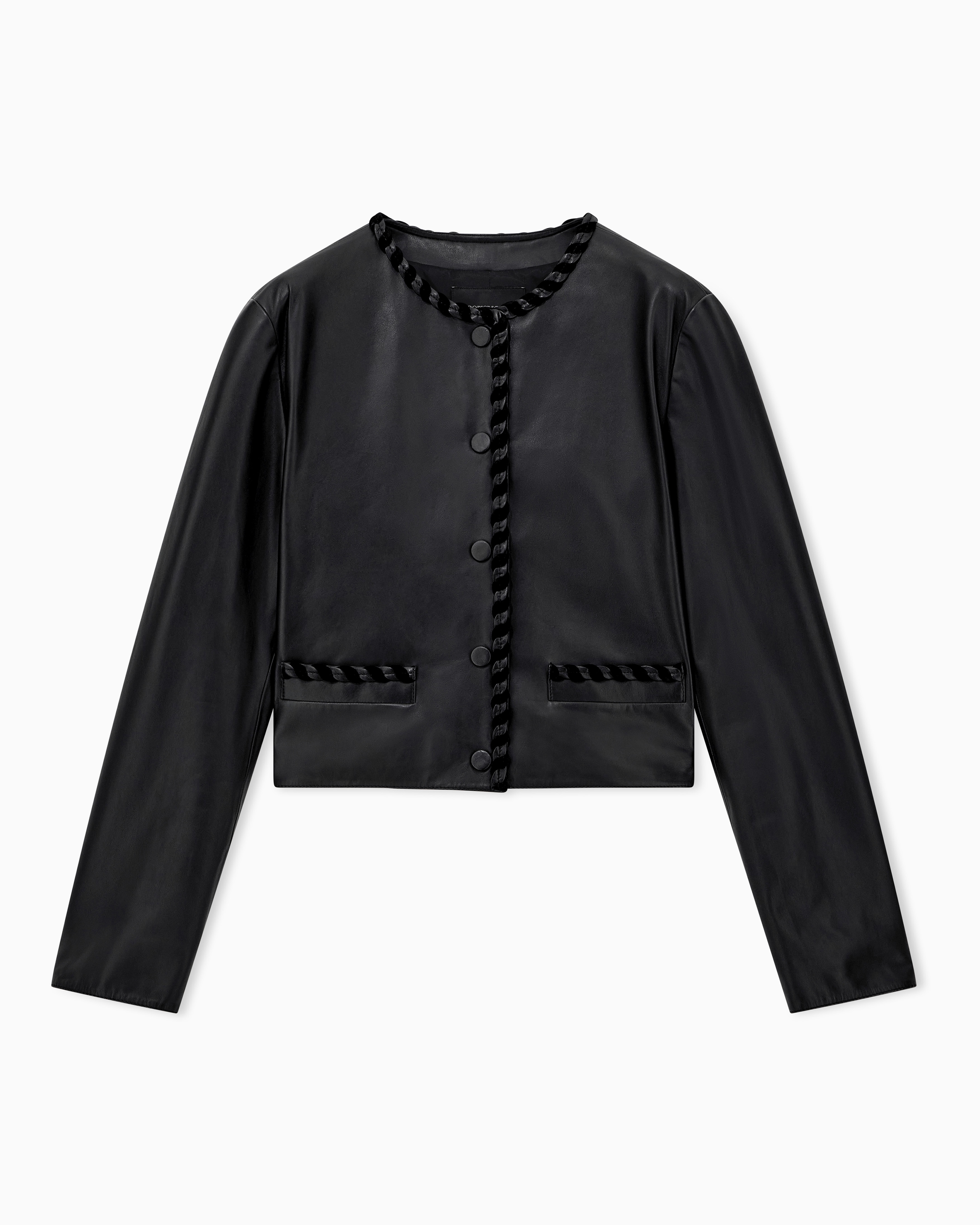 Cropped leather jacket with braided trim and button closure