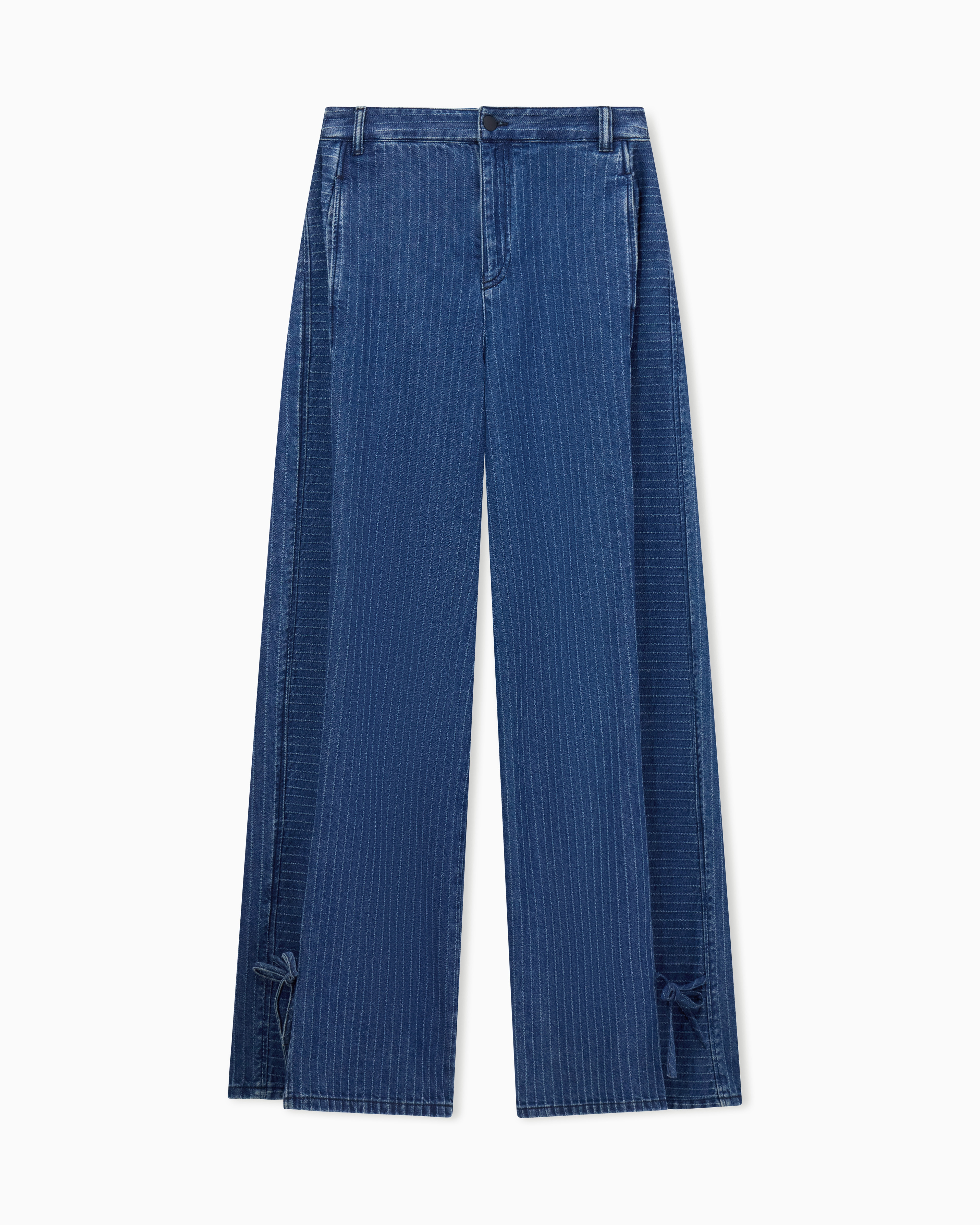 Five-pocket pinstriped denim pants with side bows | Emporio Armani US