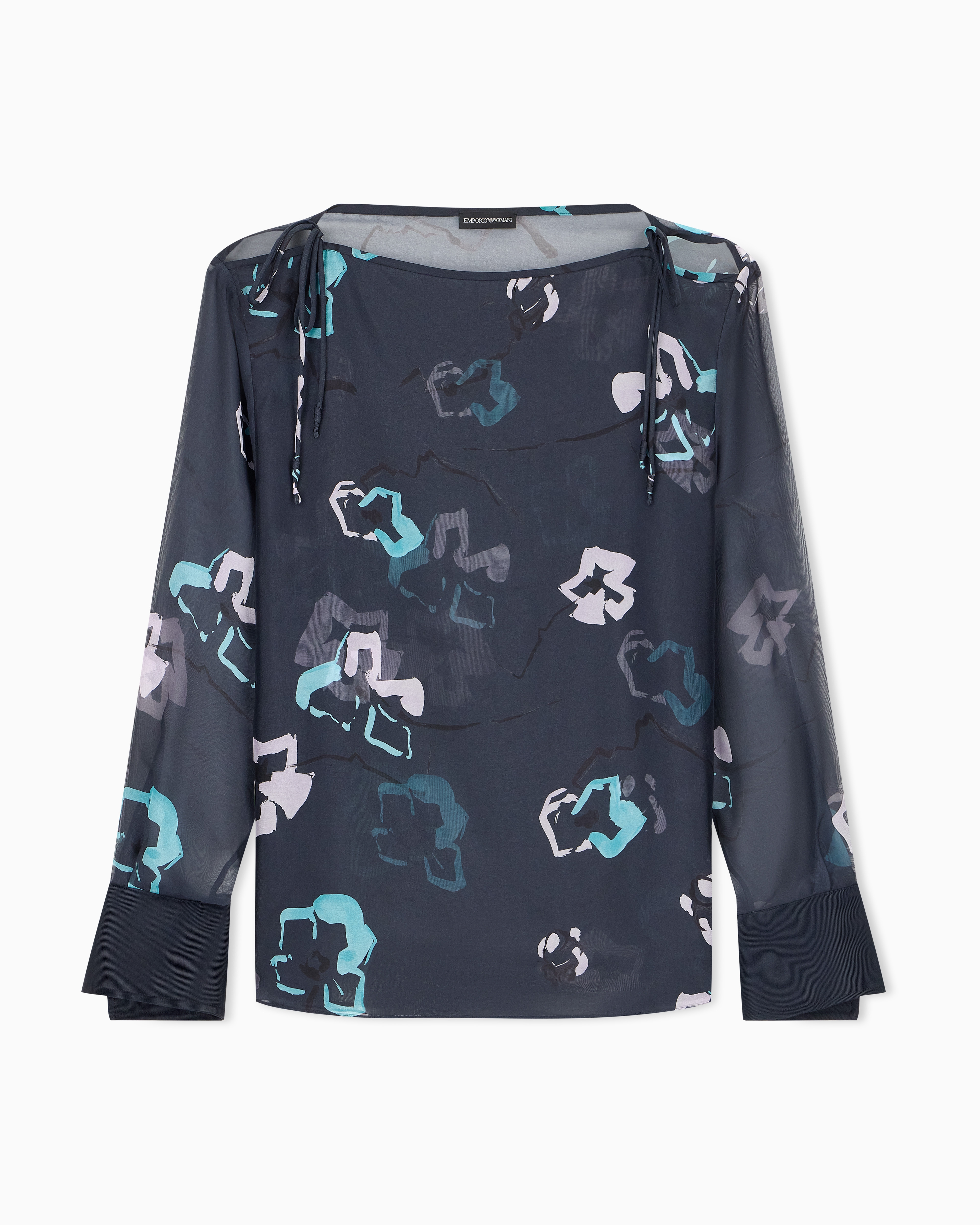 美品★EMPORIO ARMANI 長袖 ブラウス ネイビー 総柄 ウィメンズ フローラルプリント シルクシフォン 長袖ブラウス