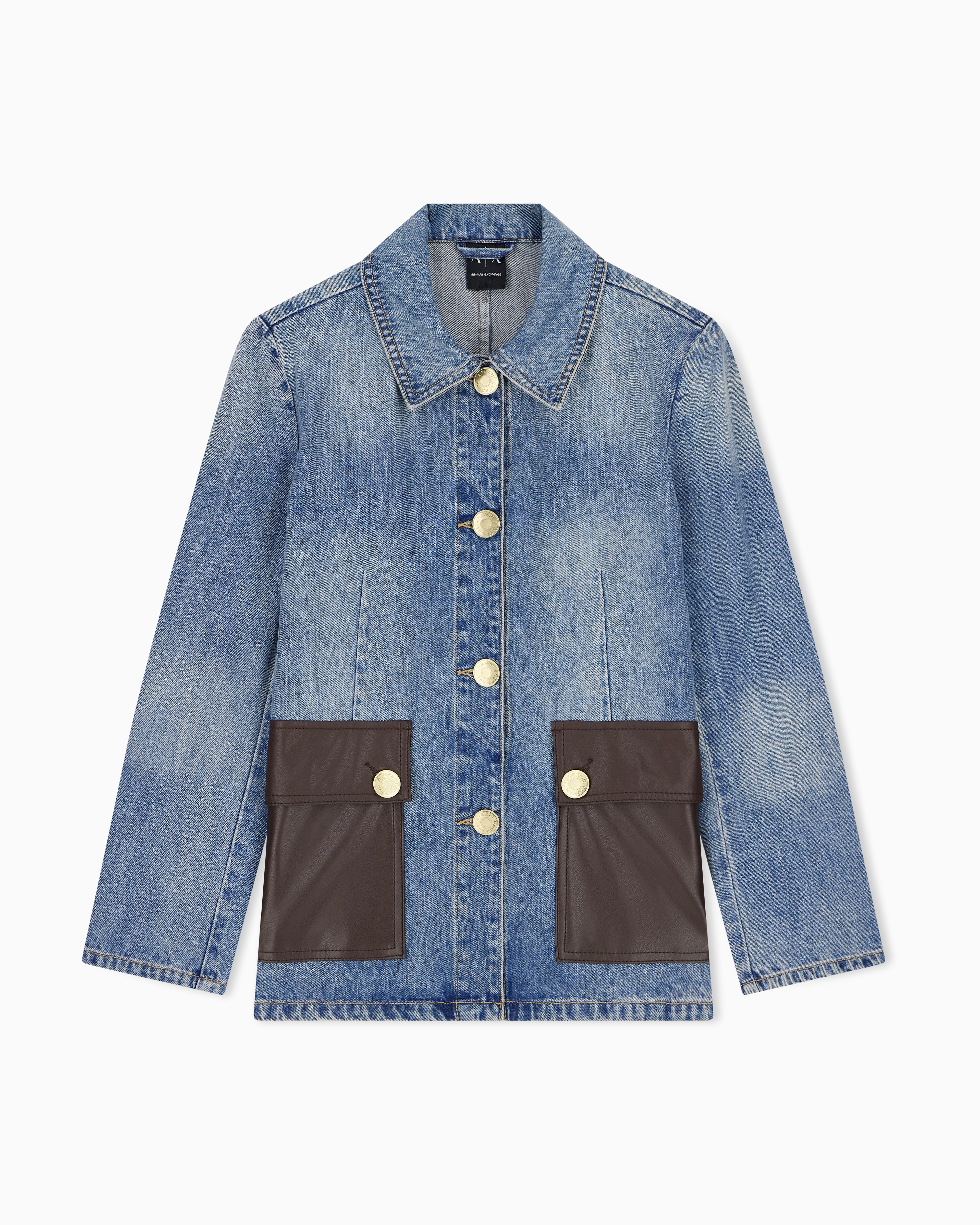 Denim jacket with faded effect and large leather pockets | Armani