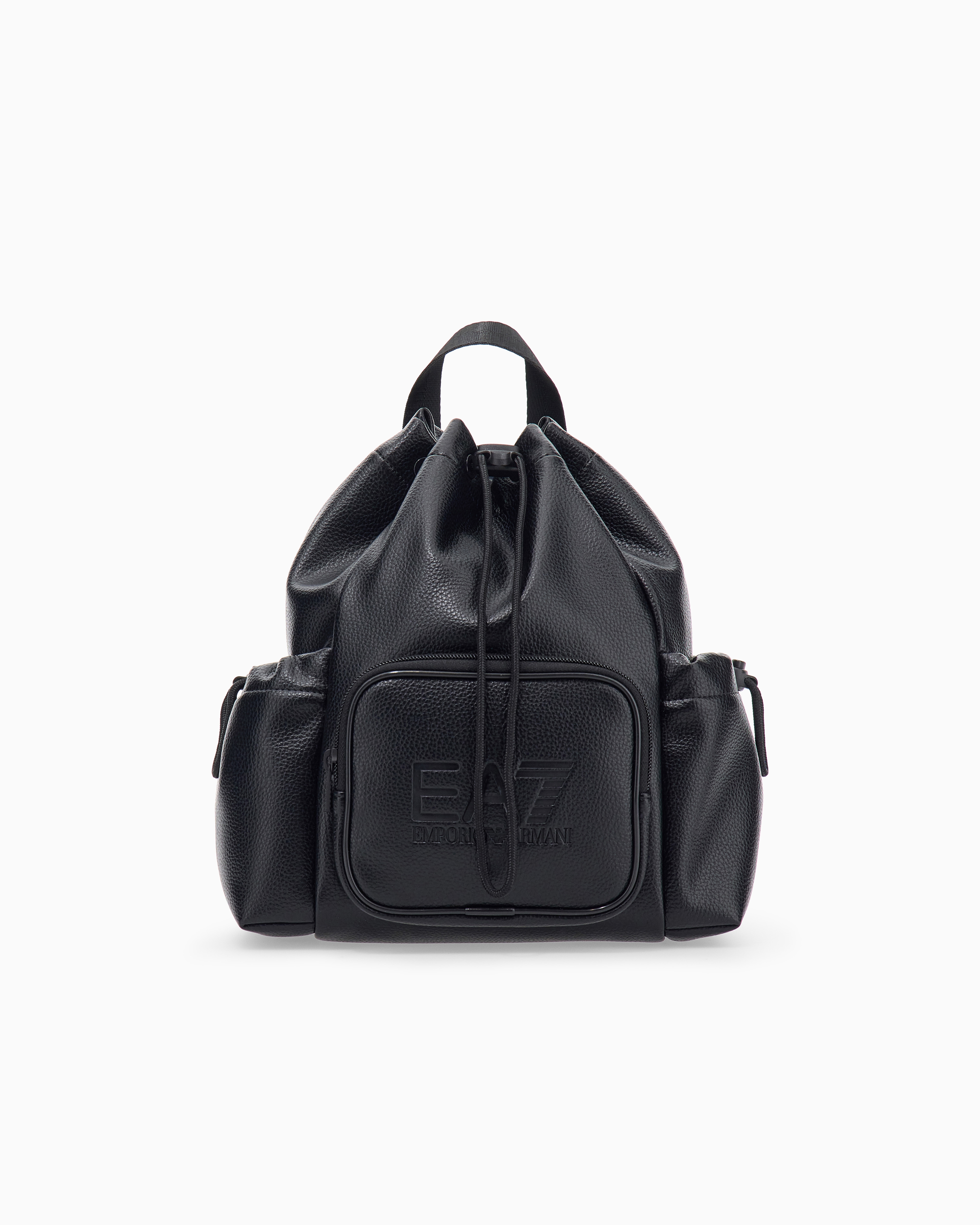 Backpack with embossed logo and leather-effect drawstring closure