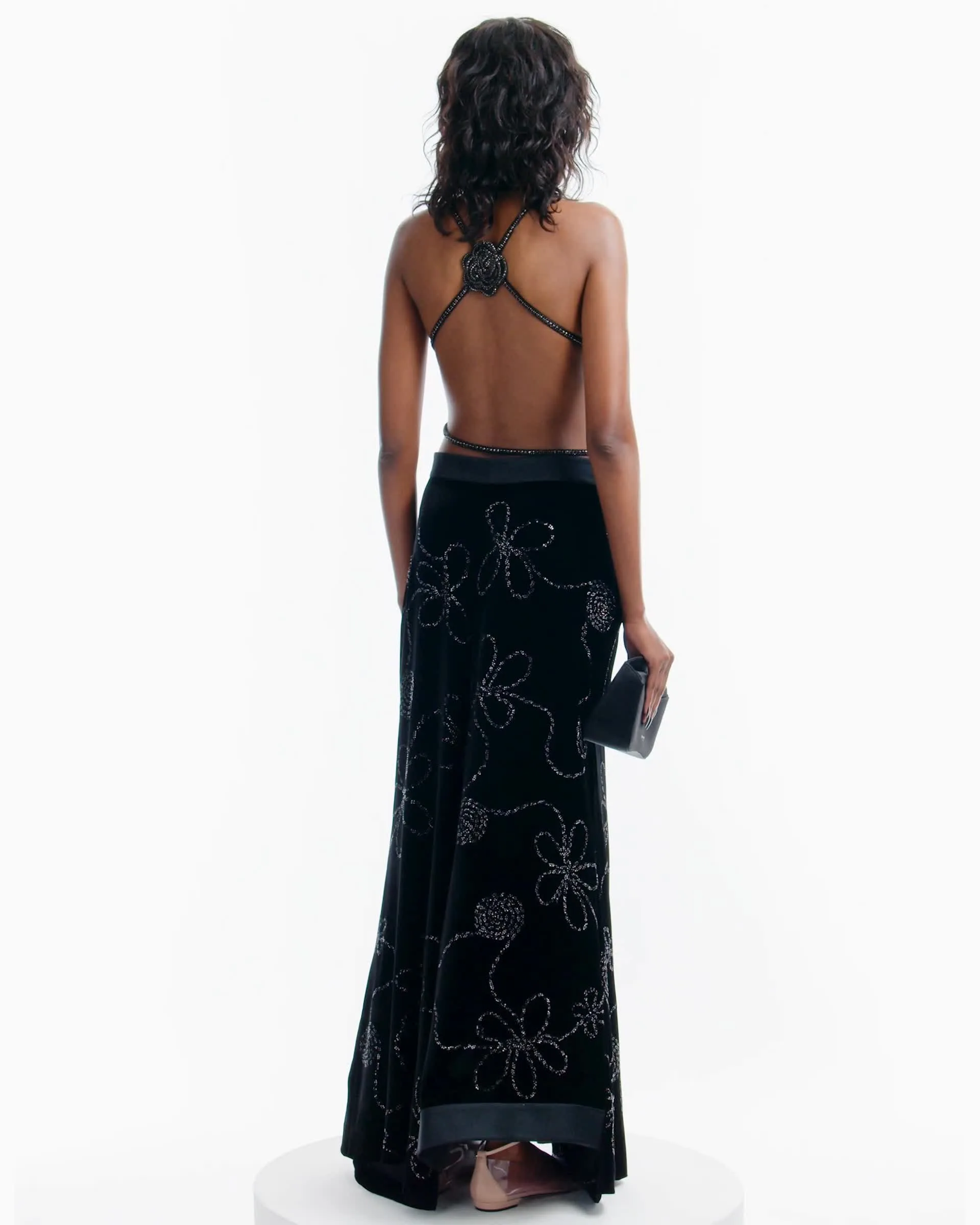 Silk cross-over bandeau top with all-over embroidery