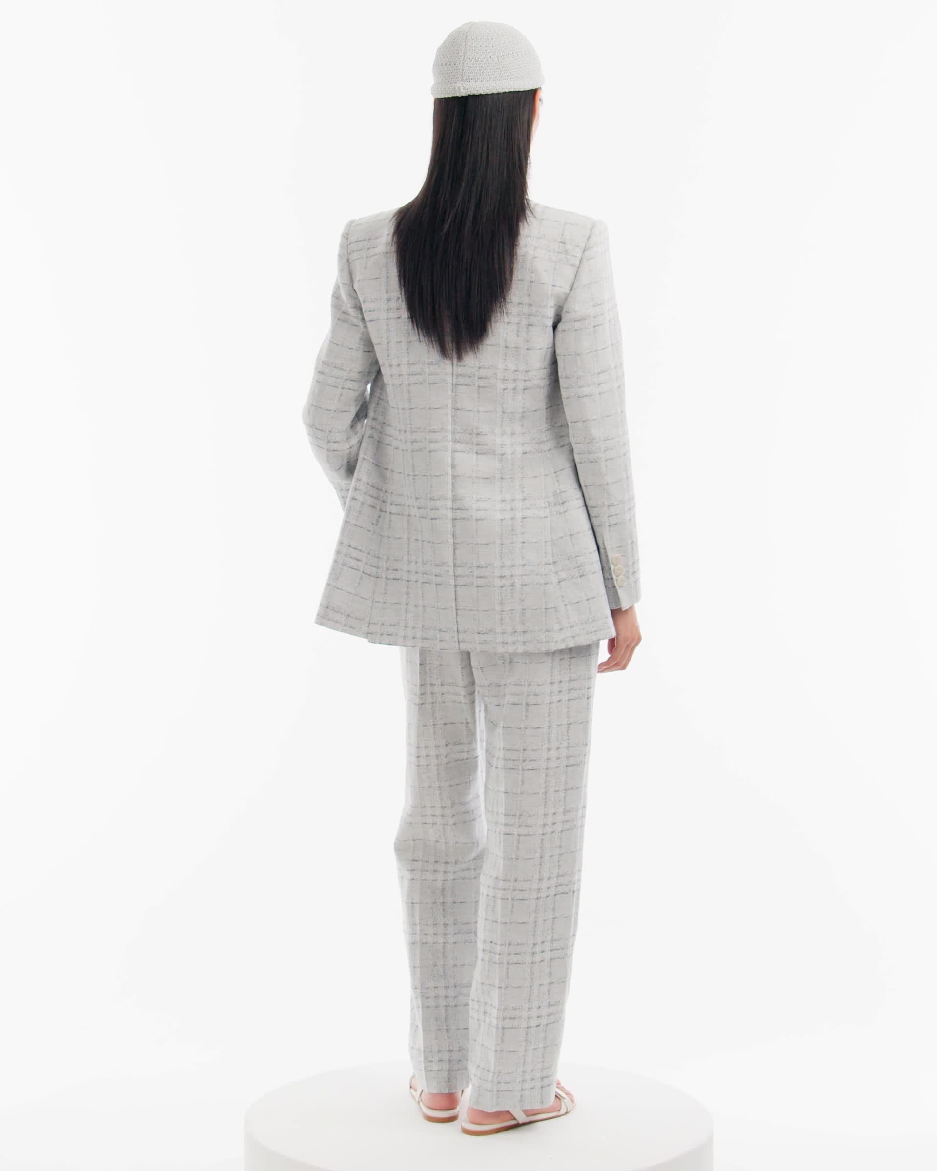 FACADE PATTERN ♥ Linen Curved Sleeve Blazer / 追跡付 Icon double-breasted linen-blend blazer with a check motif