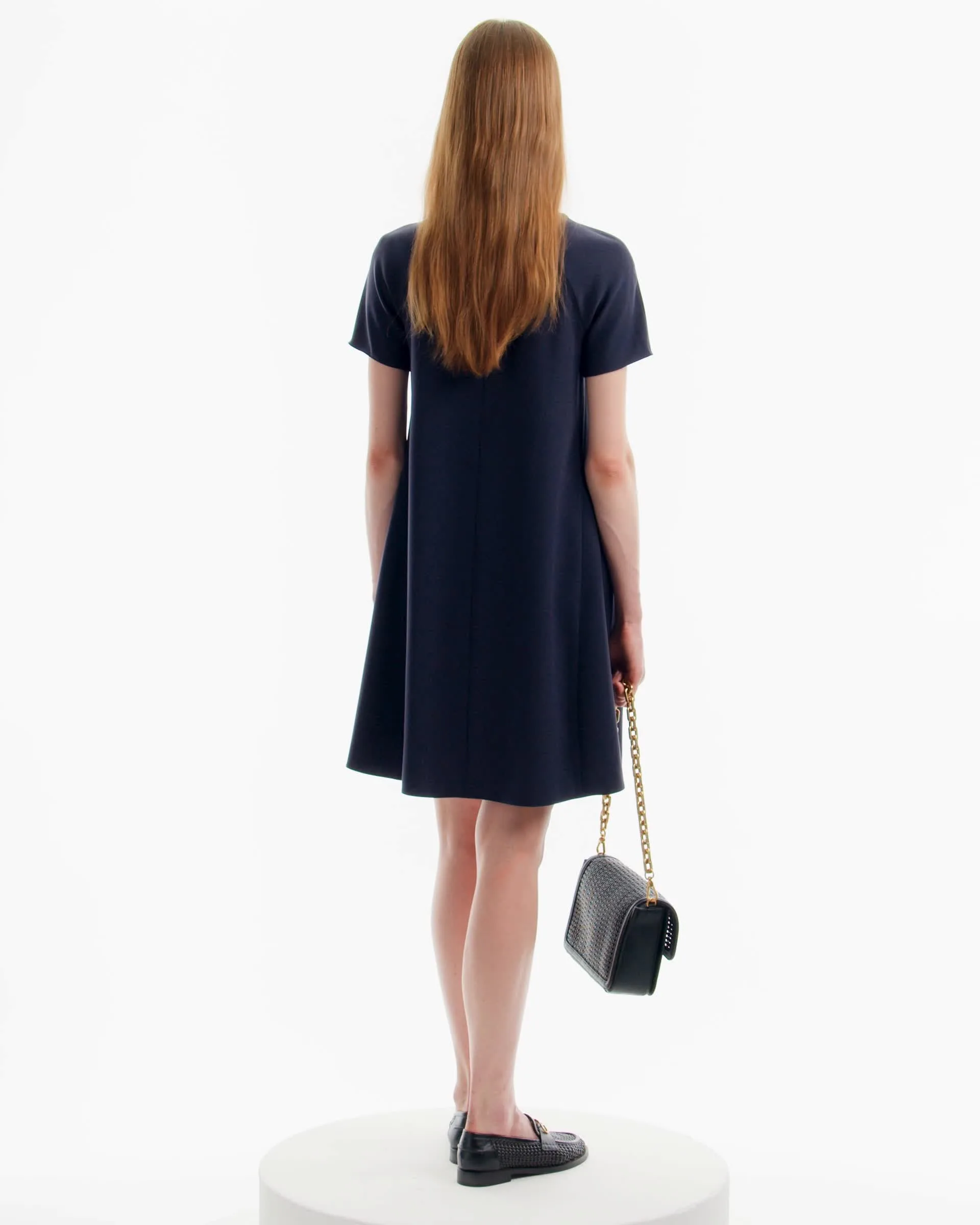 Techno cady flared dress with oversized godet pleat