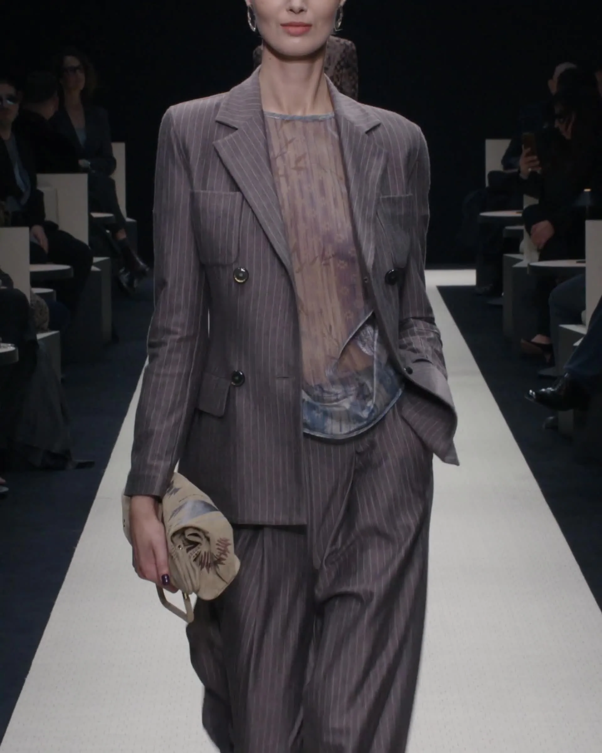 Wide trousers in pinstriped cashmere jersey and silk